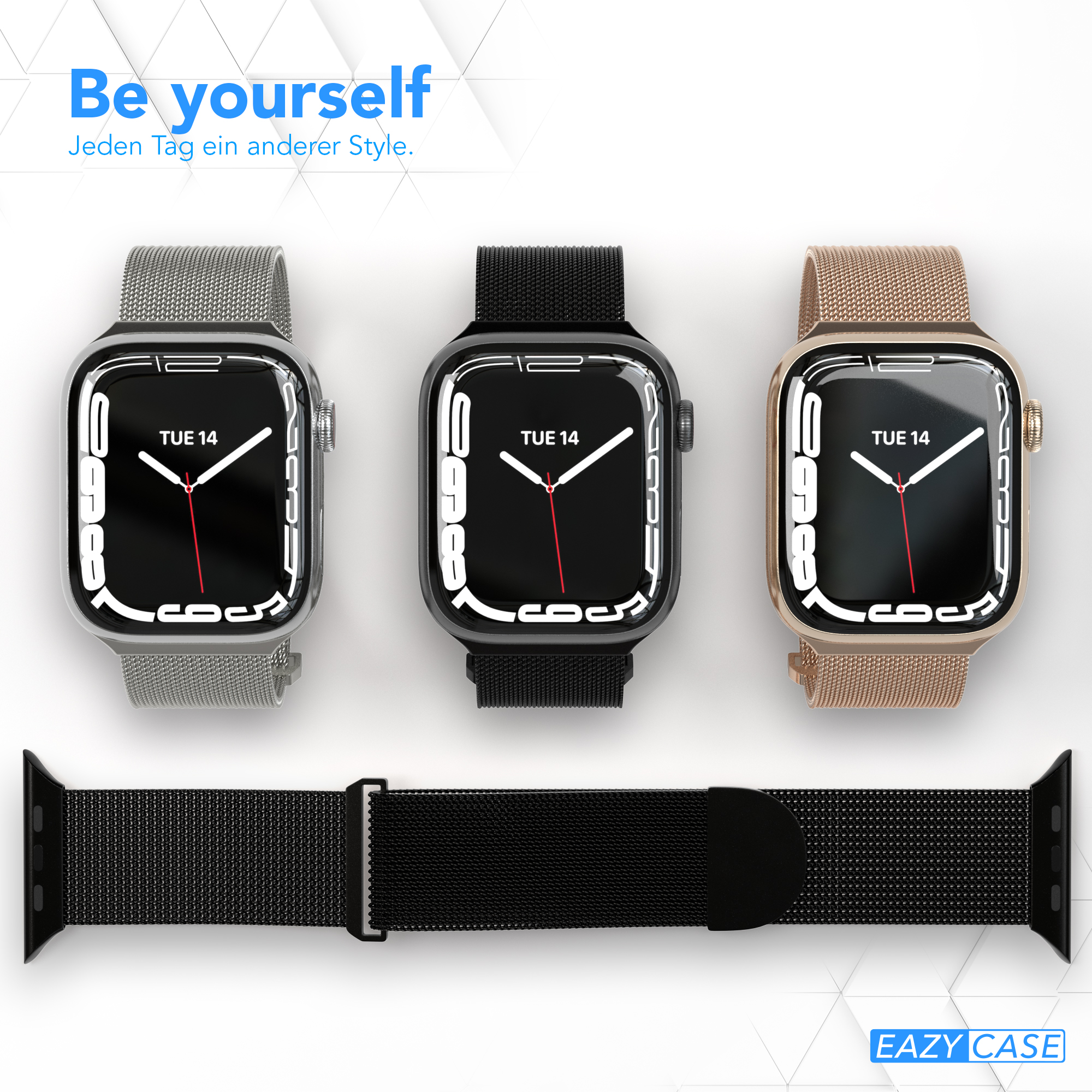 Drei Smartwatches mit verschiedenen Armbändern: silber, schwarz und gold, auf weißer Oberfläche.