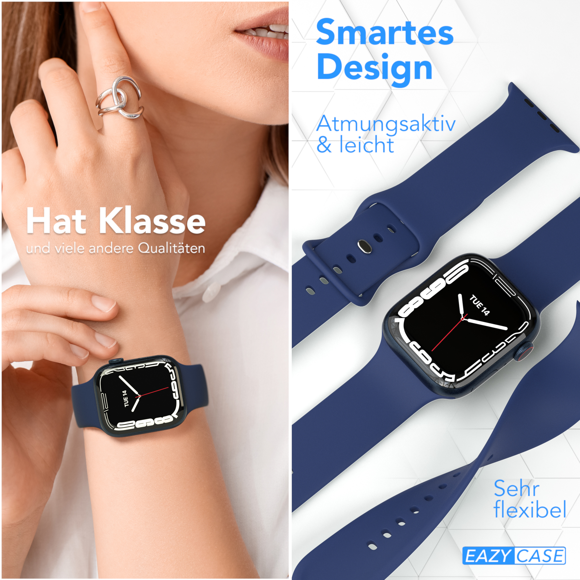 Smartwatch am Handgelenk, blaue Armbänder und eine weitere Smartwatch. Text: Smartes Design.