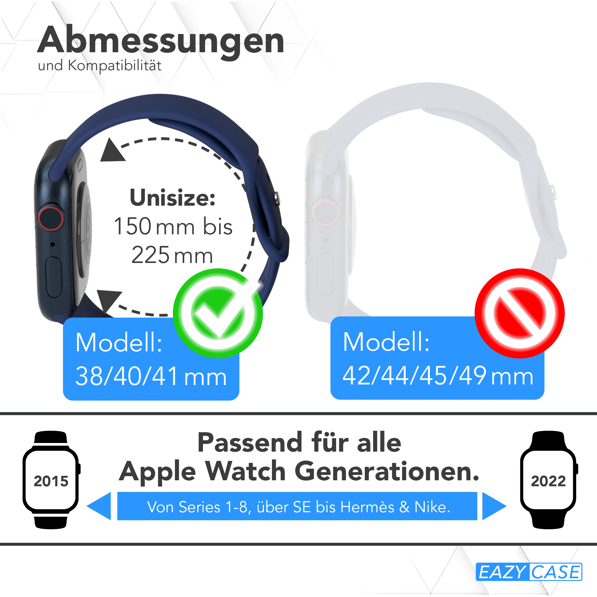 Apple Watch Modelle mit Größen- und Kompatibilitätsdetails.