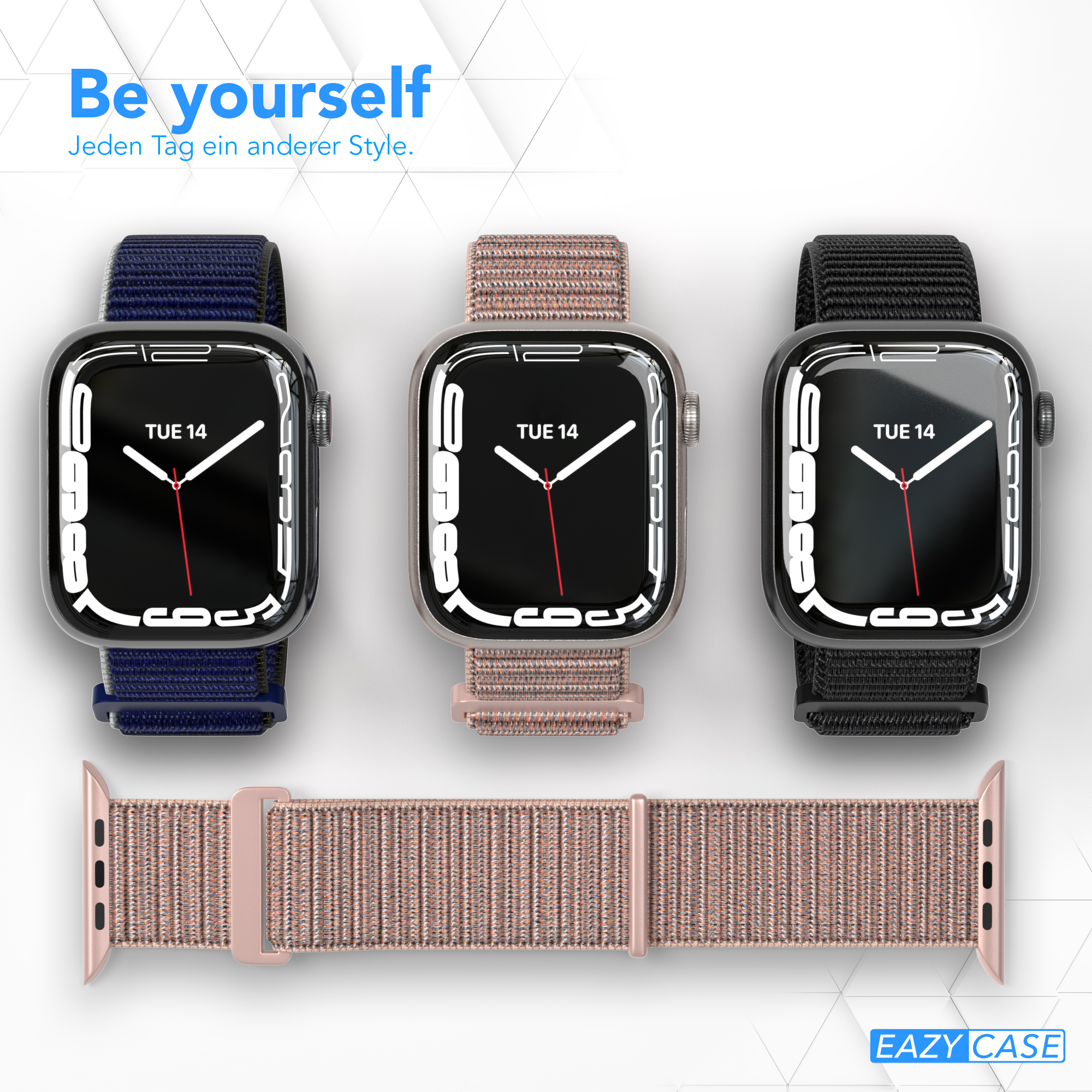 Drei Smartwatches mit verschiedenfarbigen Bändern. Die Zifferblätter zeigen das Datum, Di 14.
