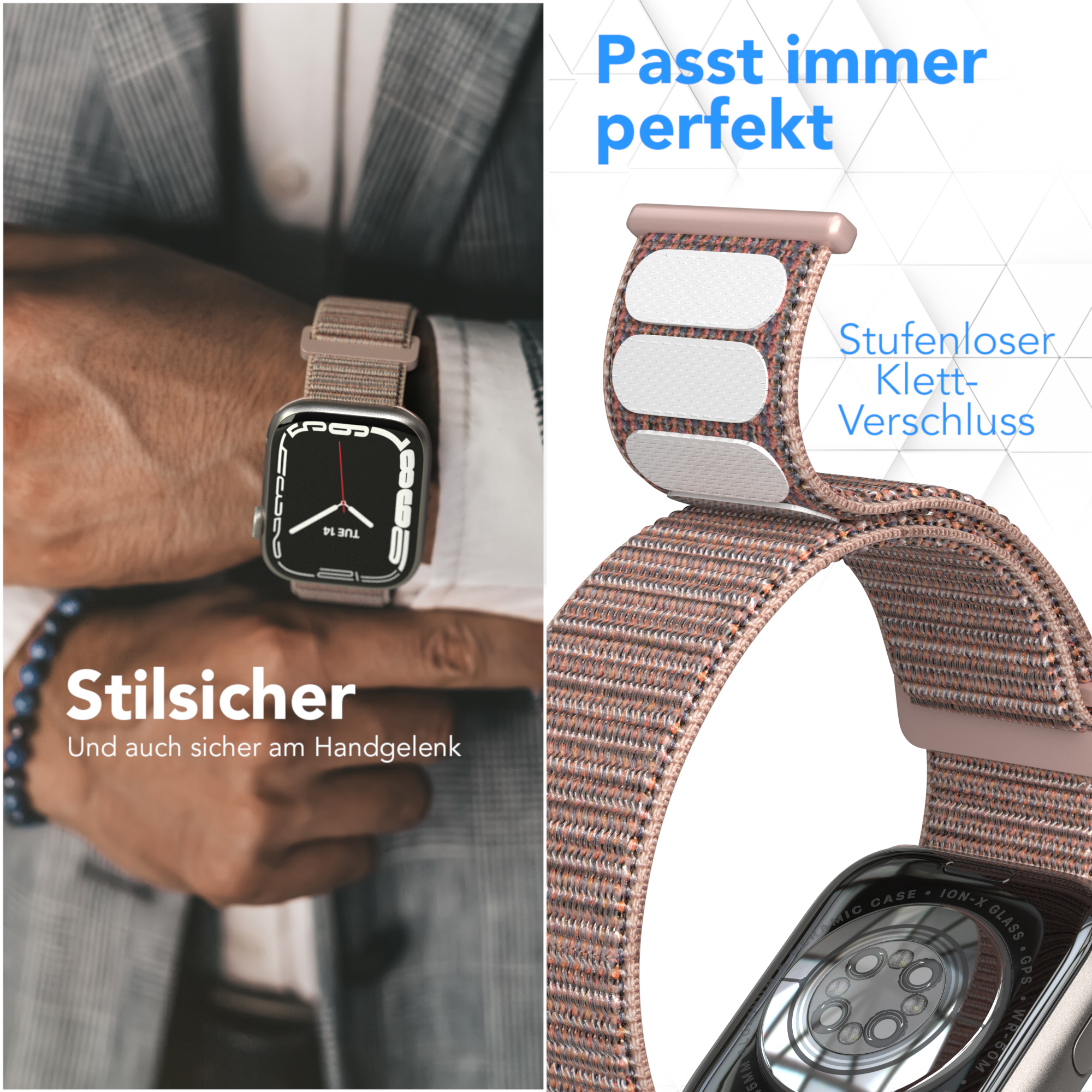 Eine Apple Watch am Handgelenk. Das Armband wird mit Klettverschluss verstellt.
