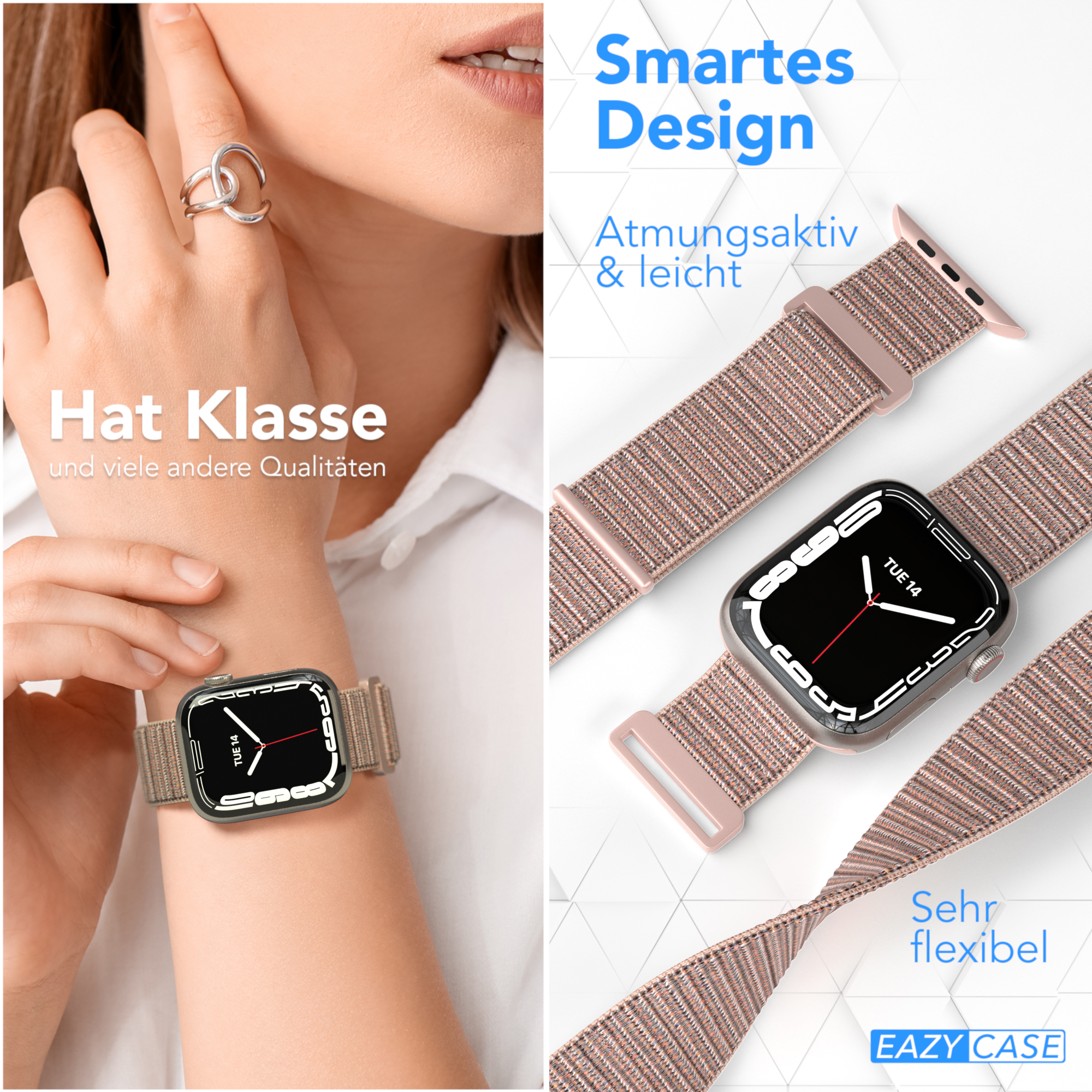 Smartwatch mit Stoffarmband am Handgelenk und ein weiteres. Eazy Case ist geschrieben.