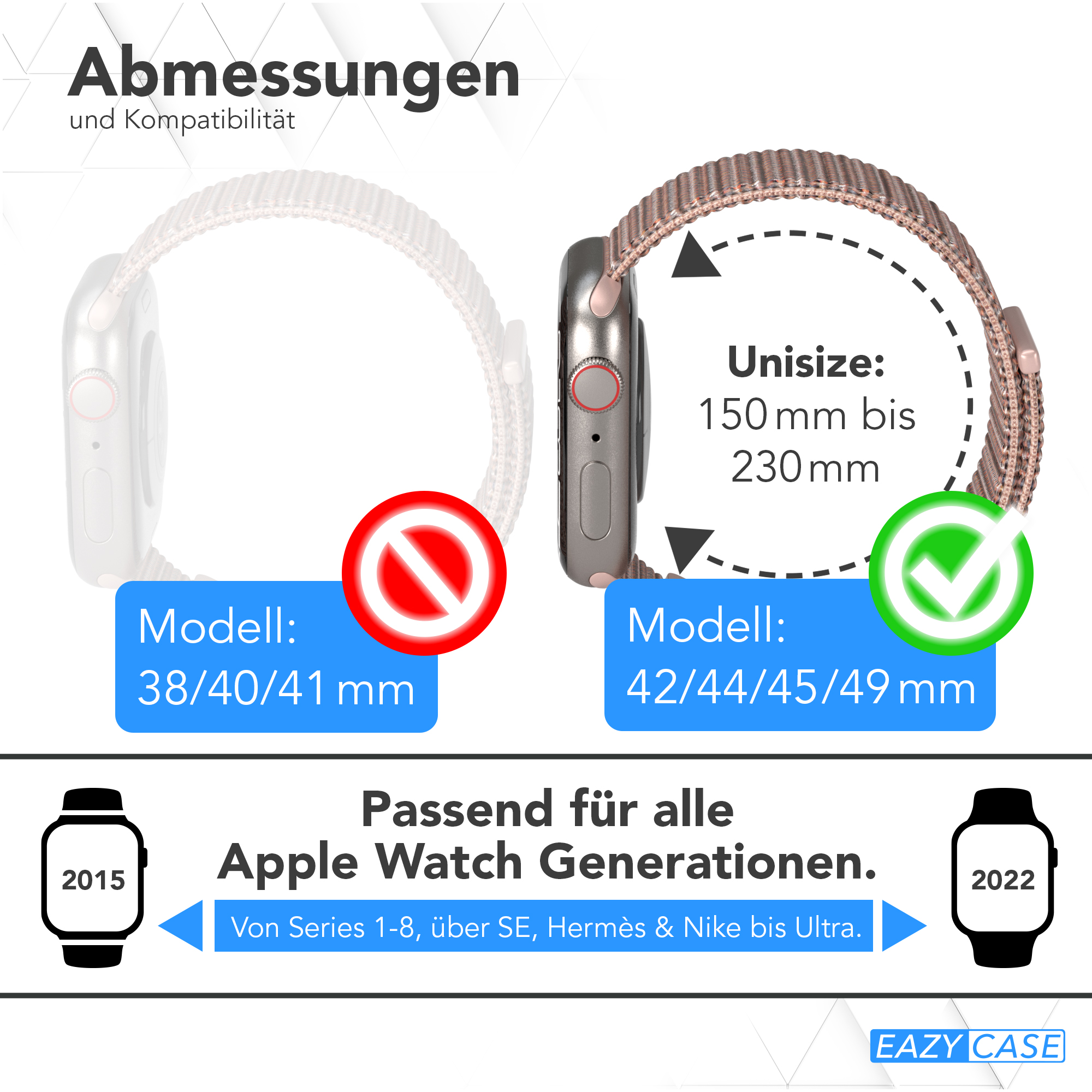 Vergleich von zwei Smartwatches, eine nicht kompatibel und die andere kompatibel, mit Größenangaben.