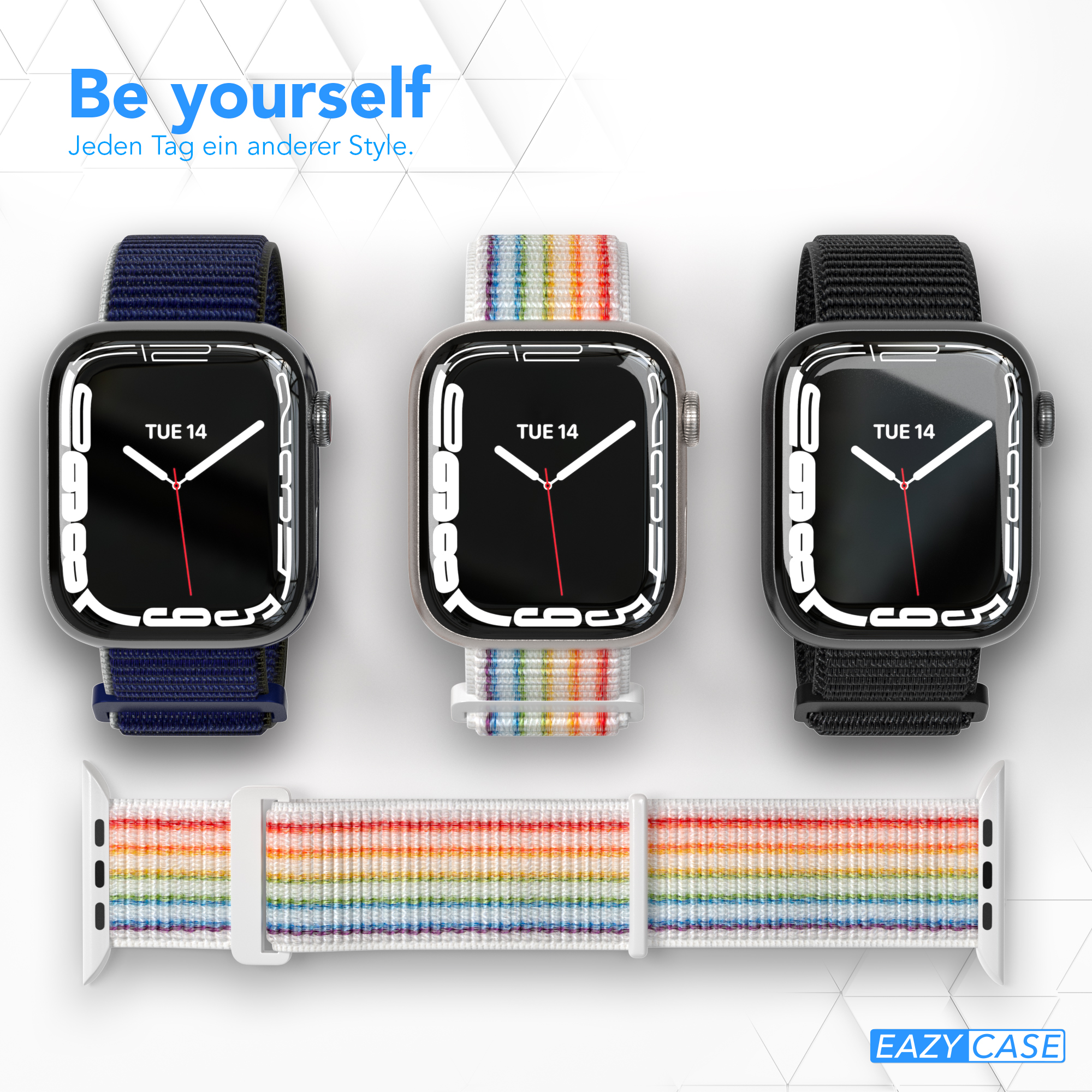 Drei Apple Watches mit verschiedenen Bändern. Ein Regenbogenband.