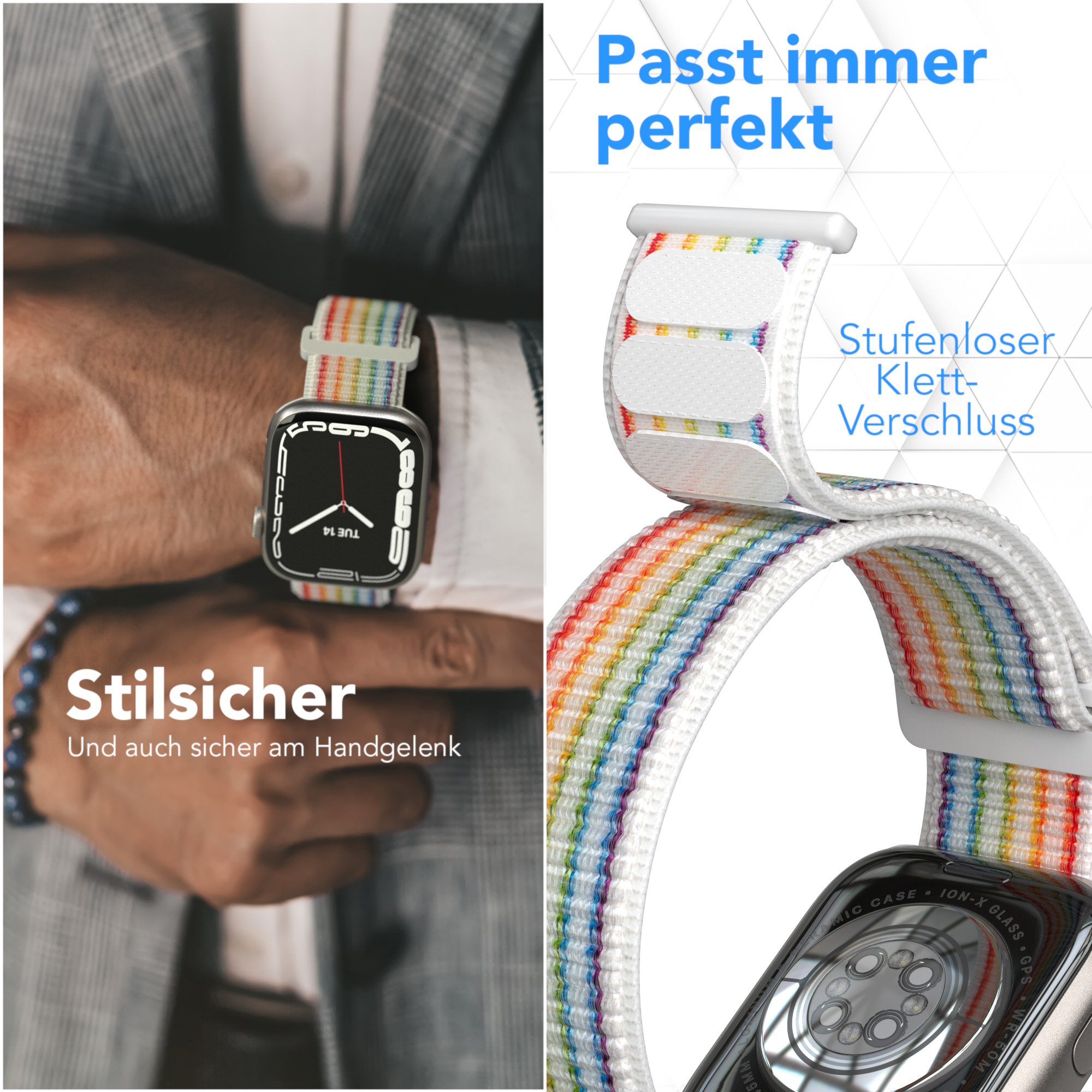 Eine Person trägt ein Regenbogen-Uhrenarmband. Die Uhr ist an ihrem Handgelenk.