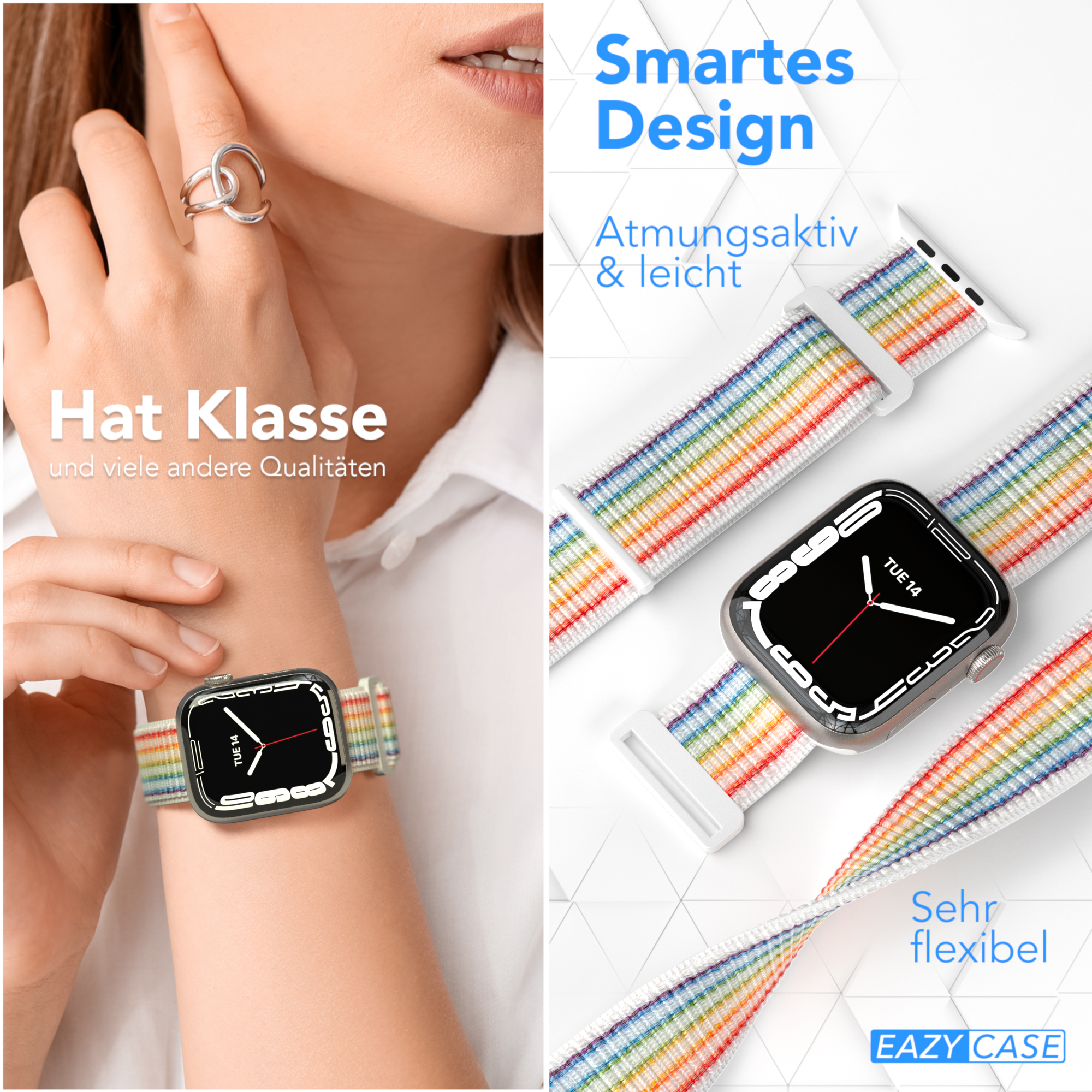 Frau mit Regenbogen-Armband. Uhr und Armband werden aus der Nähe gezeigt.
