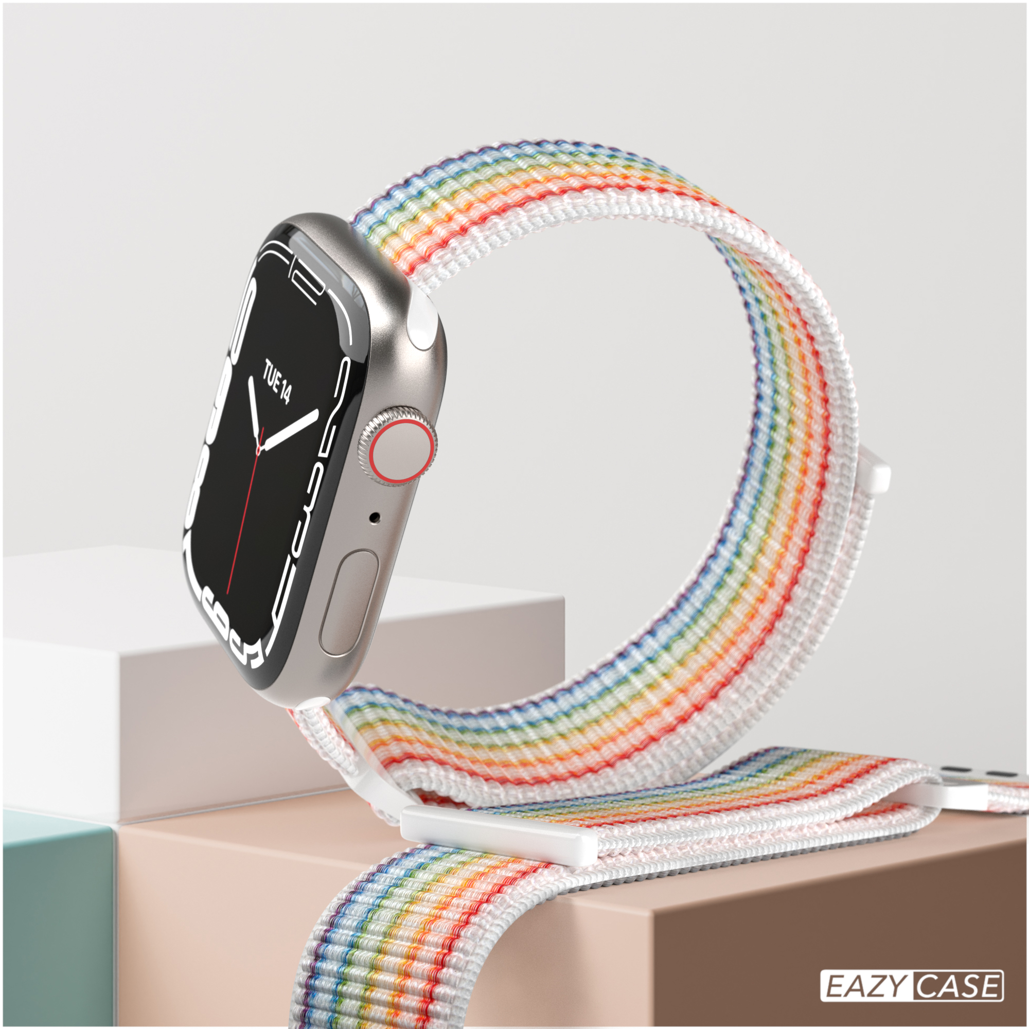 Eine silberne Smartwatch mit einem regenbogenfarbenen Band. Das Band ist aus Stoff.