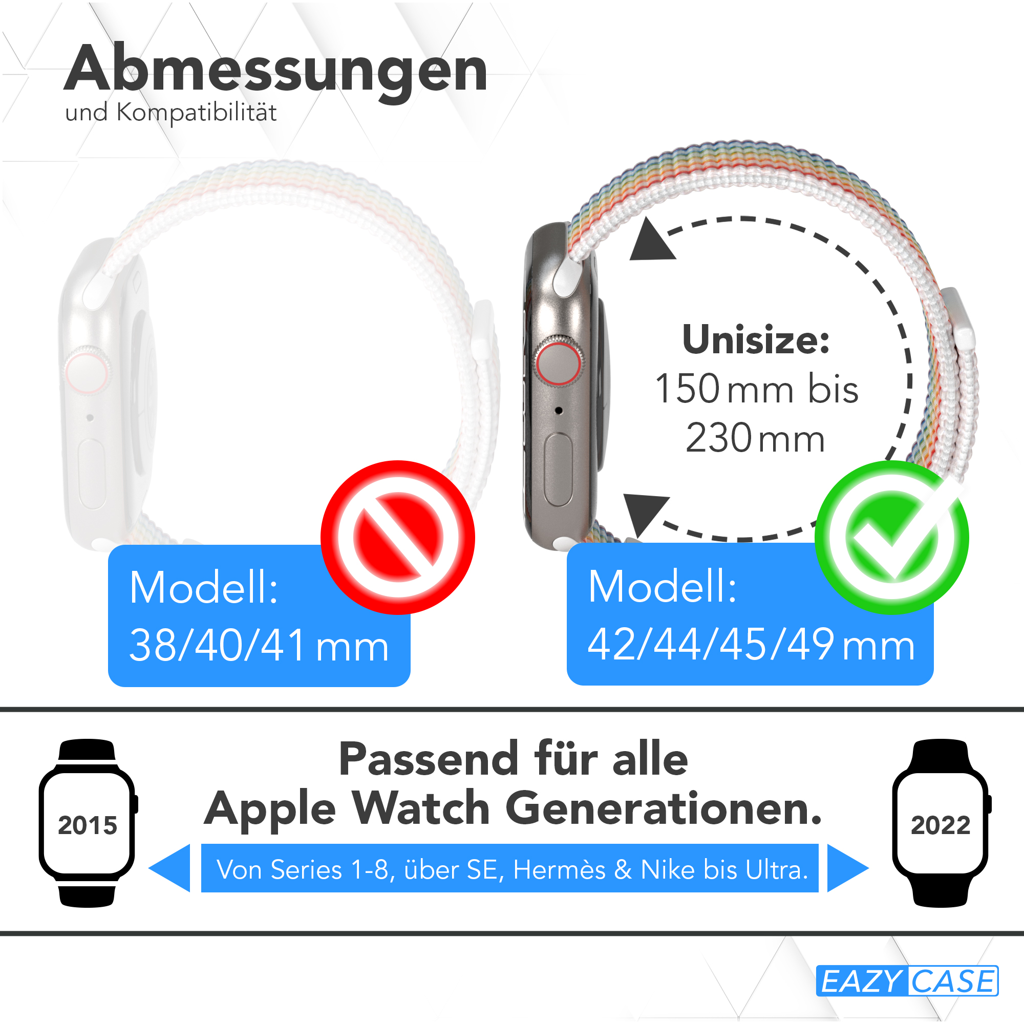 Apple Watch und Armband. Text: Unisize: 150mm bis 230mm, passend für alle Apple Watch Generationen.