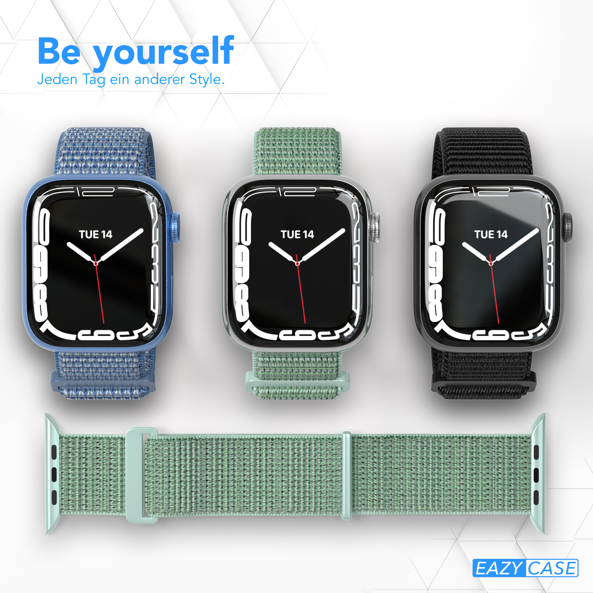 Drei Smartwatches mit verschiedenen Armbändern, neben einem zusätzlichen Band.