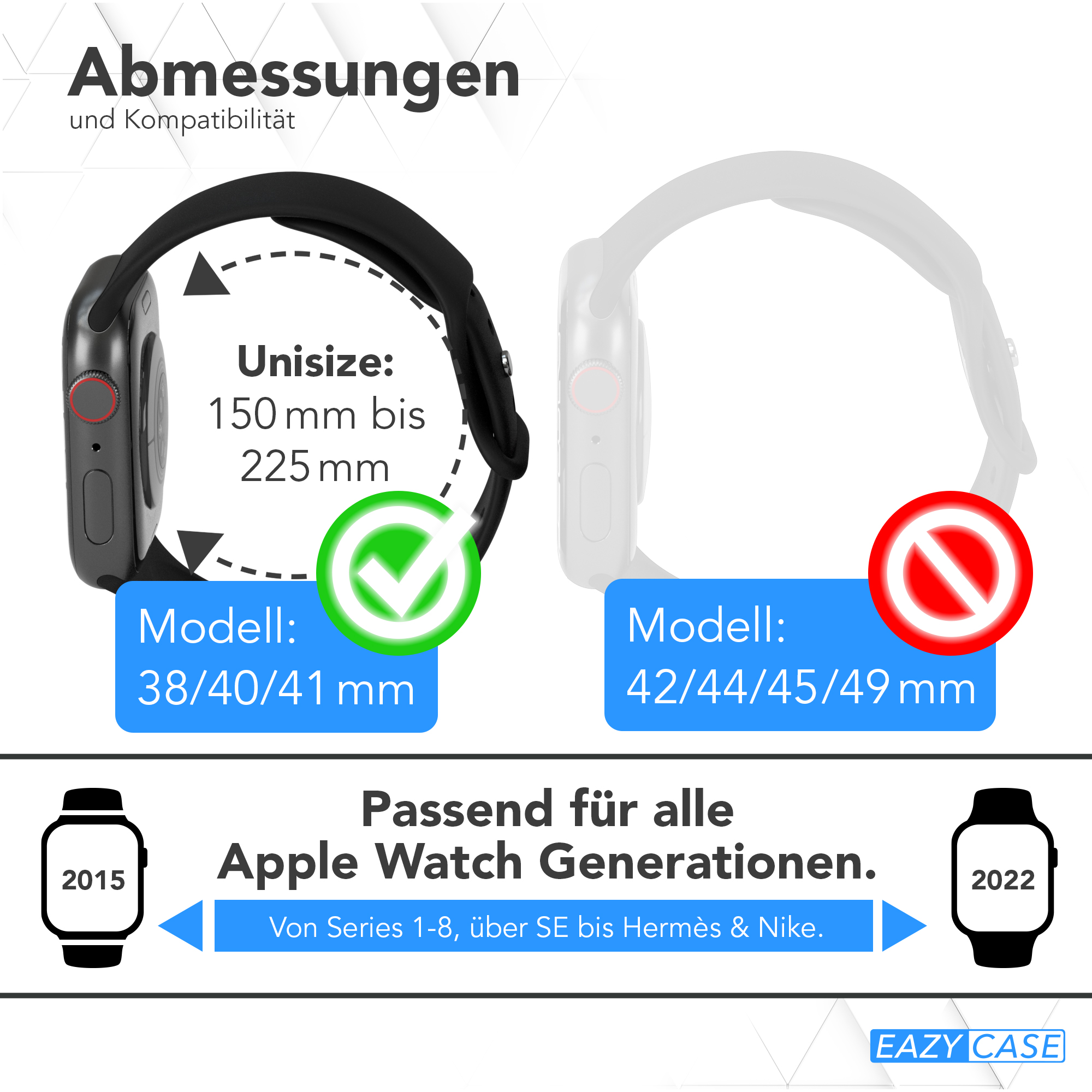 Zwei Smartwatches. Eine am Handgelenk und eine daneben. Text auf dem Bild.