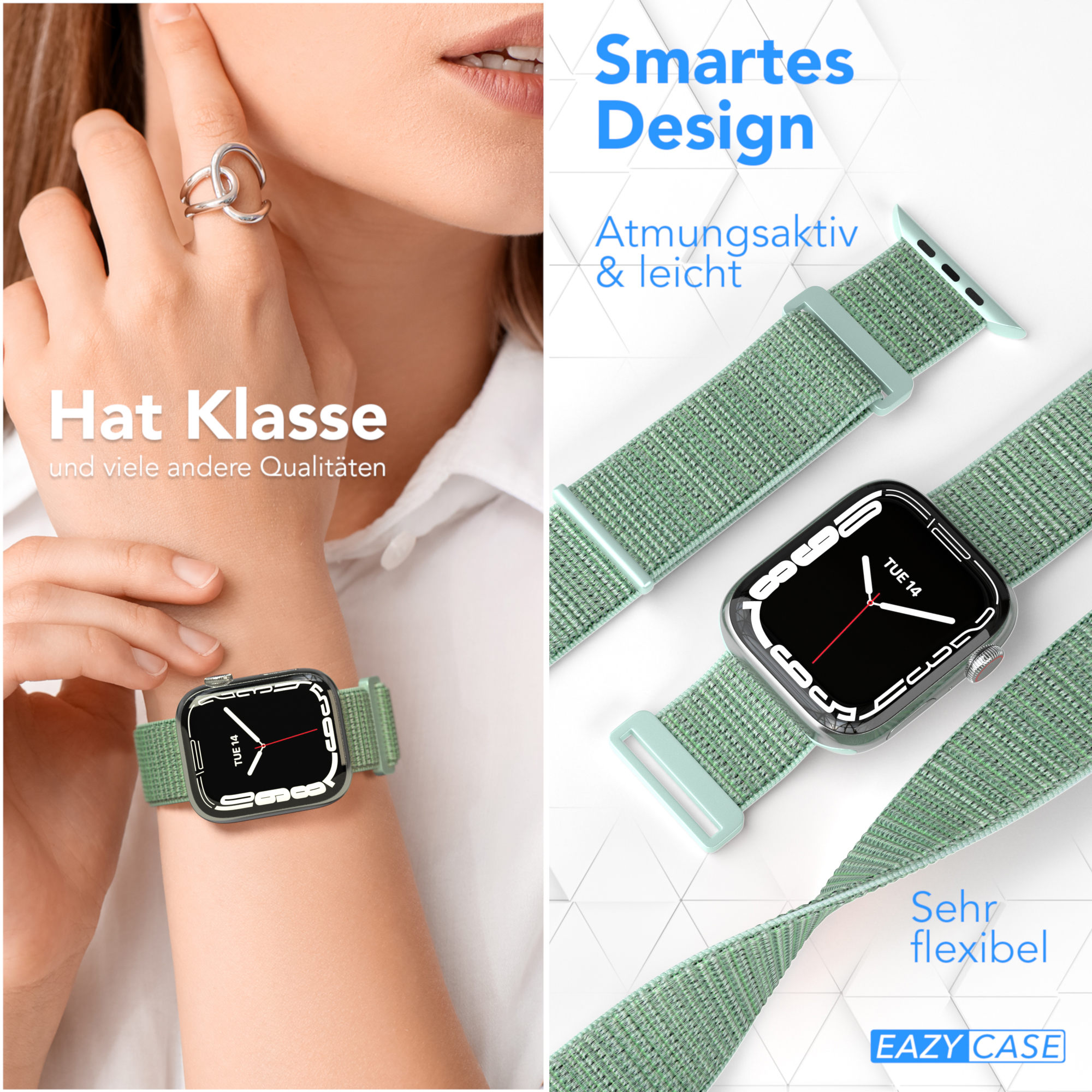 Eine Frau trägt eine Smartwatch mit grünem Armband. Das Armband wird separat gezeigt. Text: Smartes Design, Hat Klasse.