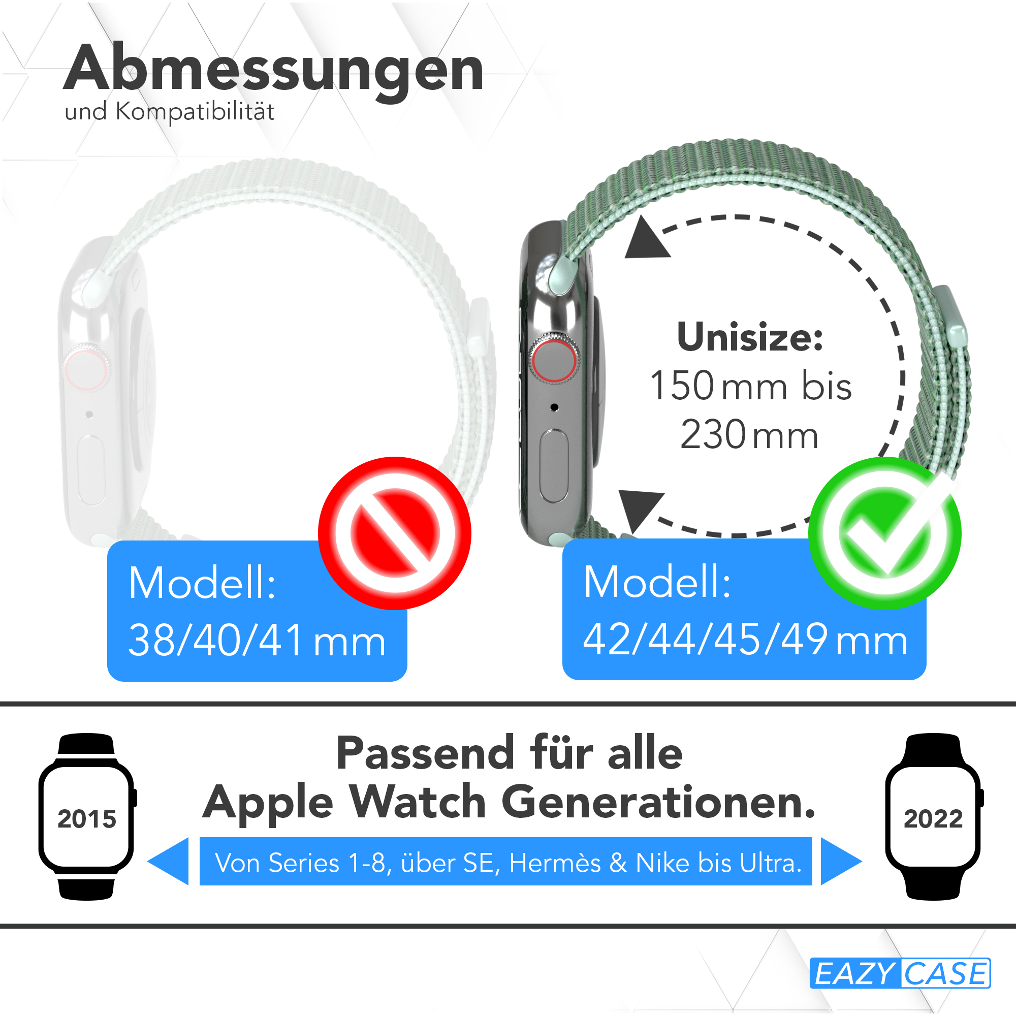 Apple Watch Armbänder Vergleich. Text hebt die Kompatibilität mit verschiedenen Generationen hervor, mit Größenangabe.