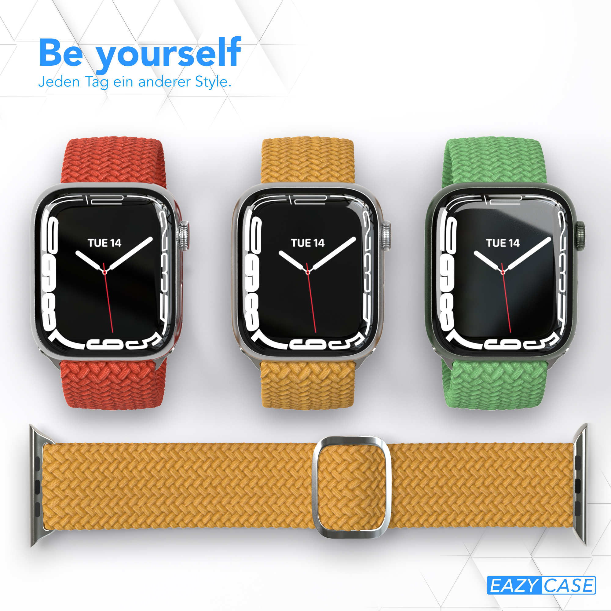 Drei Smartwatches mit verschiedenfarbigen Armbändern: rot, gelb und grün. Ein gelbes Armband darunter.