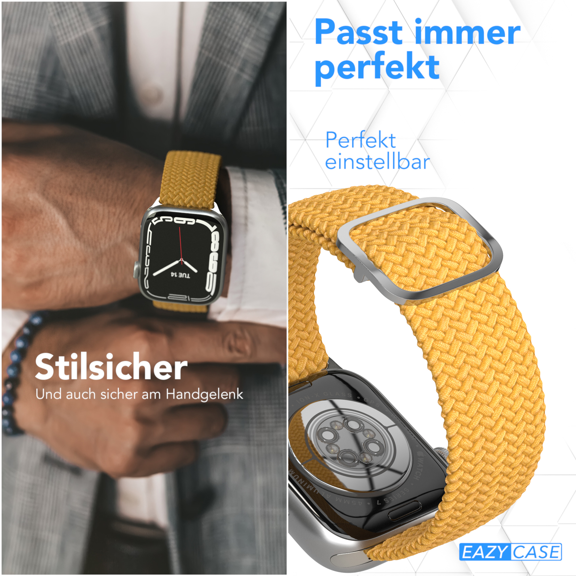Handgelenk mit gelbem Uhrenarmband. Nahaufnahme der Uhr auf weißem Grund.