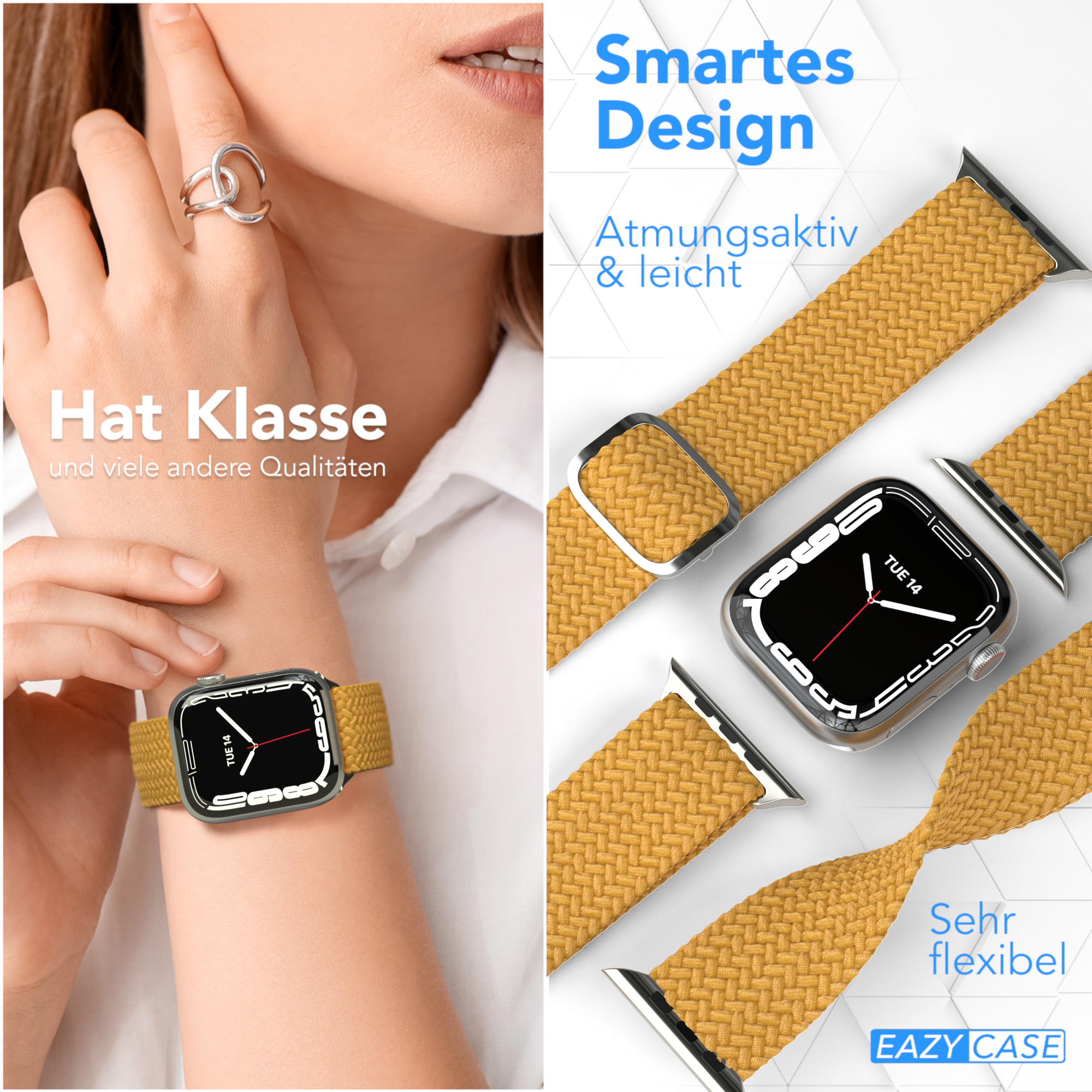 Frau, die eine Apple Watch mit gelbem Armband trägt. Text rechts: Smartes Design und andere Details.