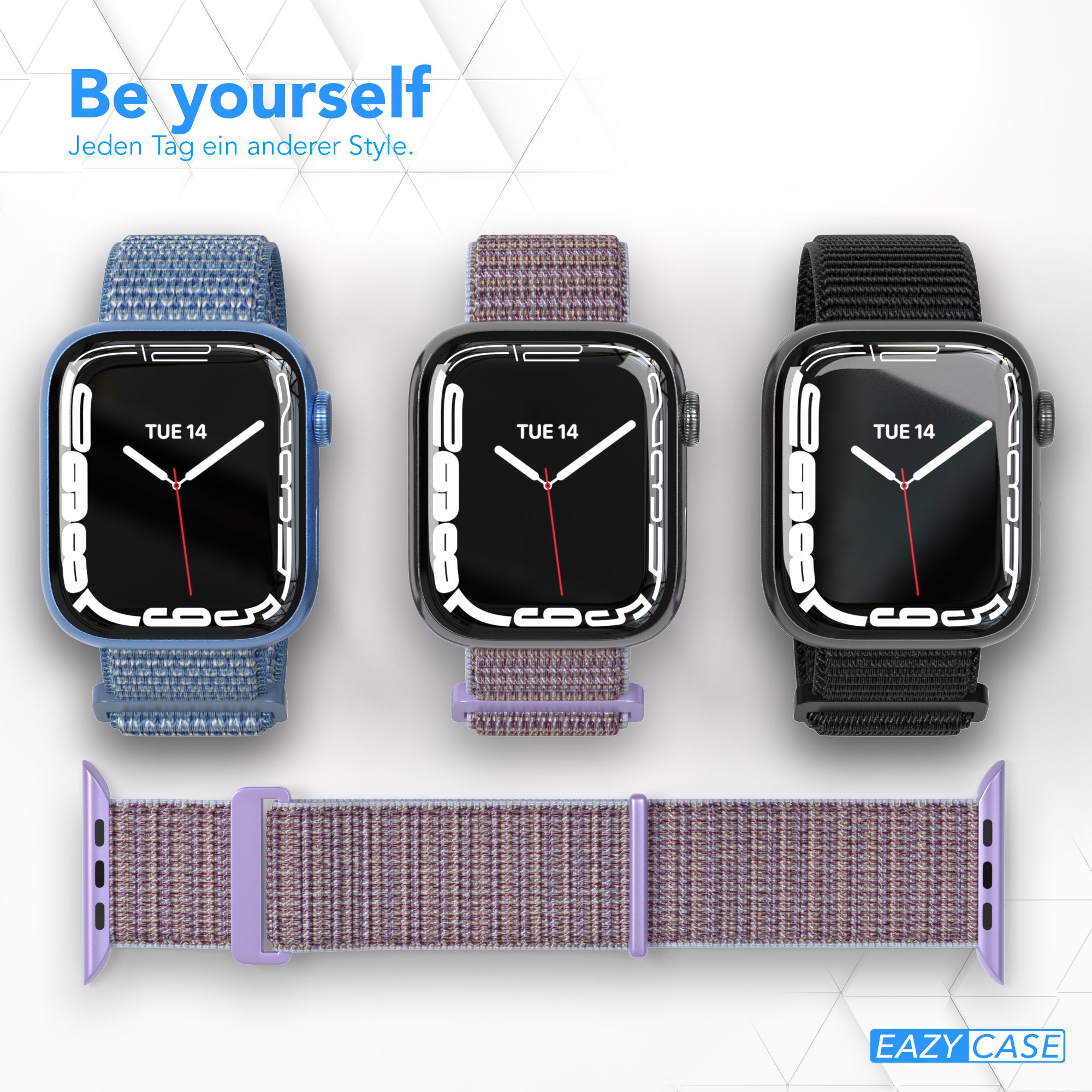Drei Smartwatches mit verschiedenen Armbändern: blau, lila und schwarz. Lila Armband separat.