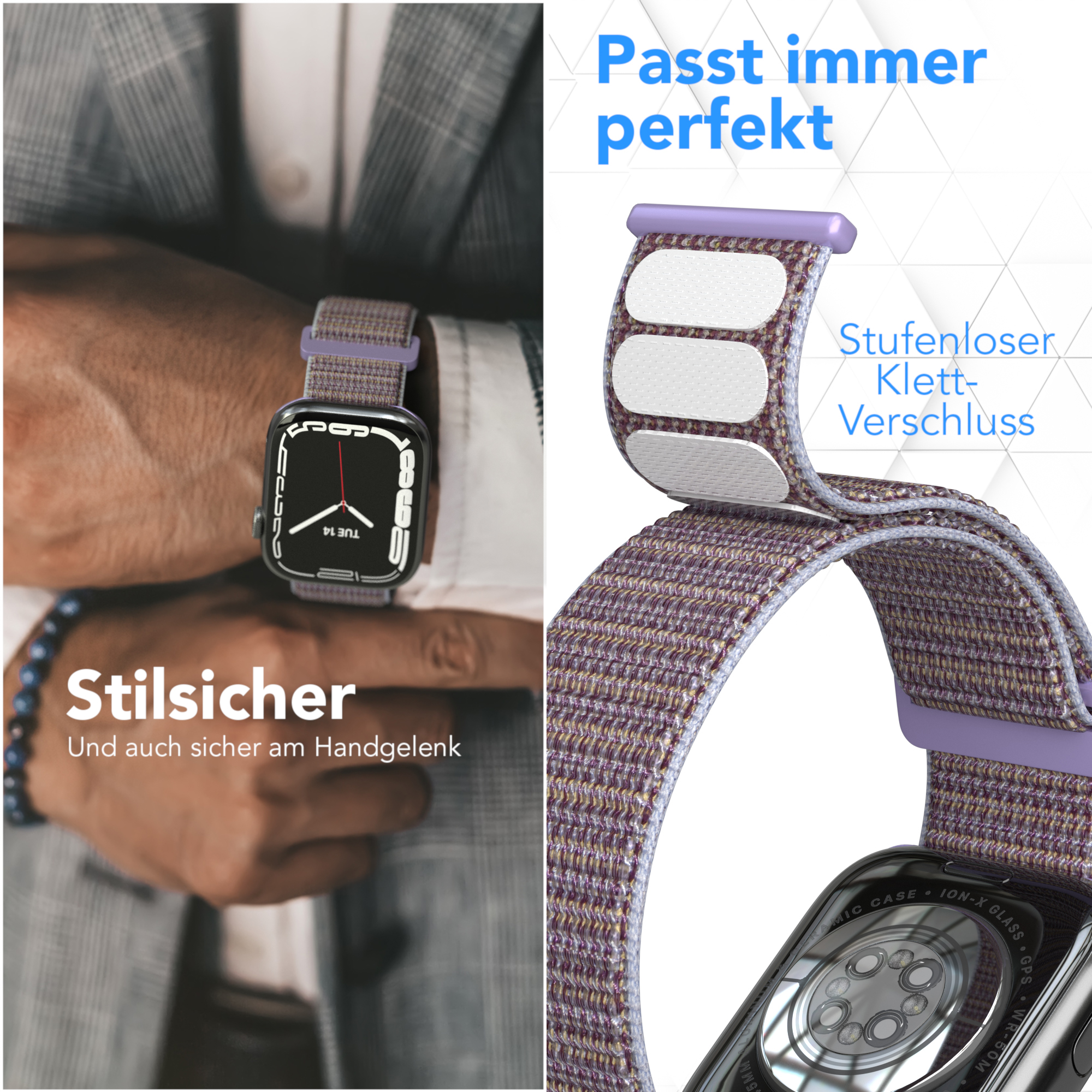 Zwei Bilder. Links: Handgelenk einer Person mit Uhr. Rechts: Detail des Uhrenarmbands mit Klettverschluss. Die Uhr ist lila.