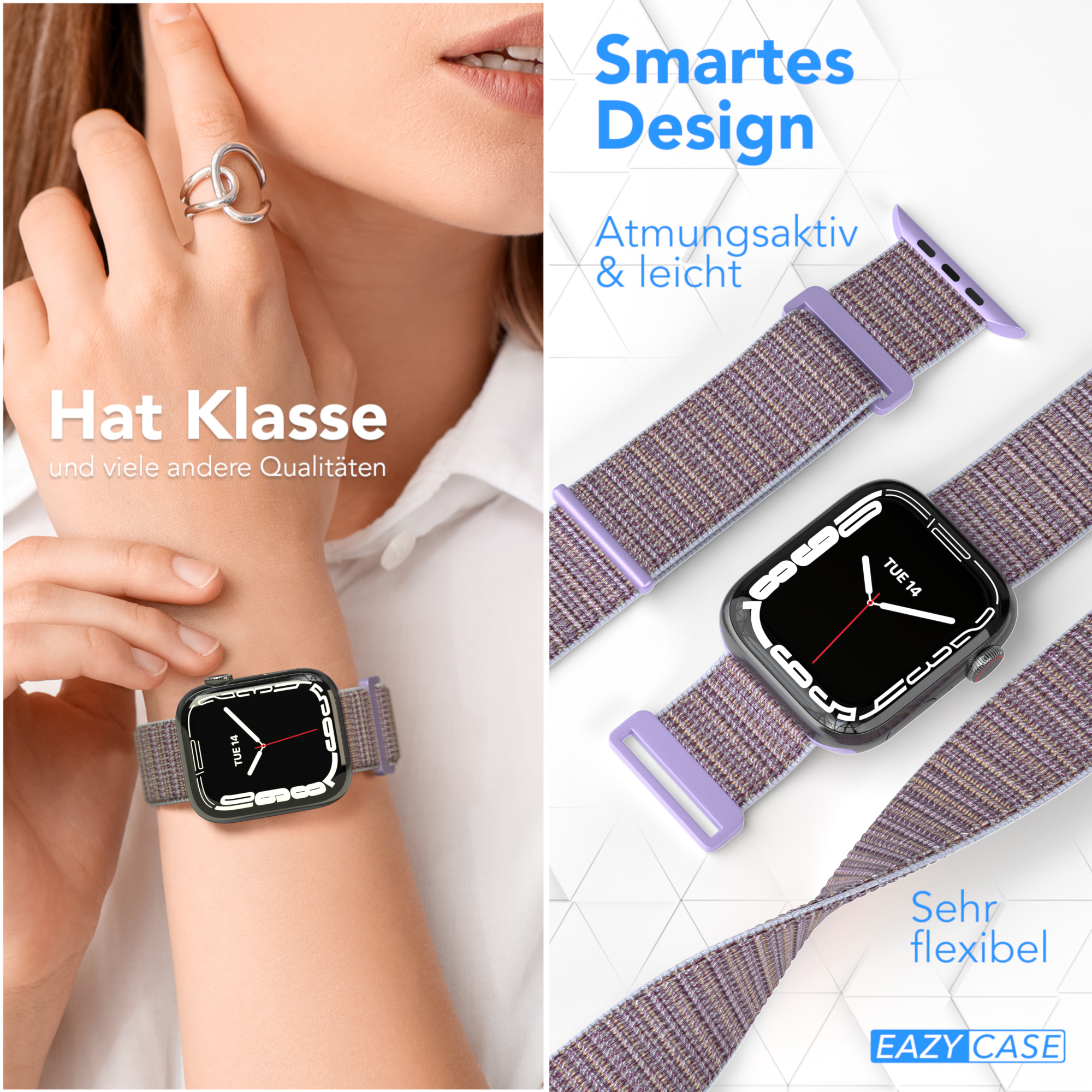 Eine Smartwatch mit Stoffarmband und Handyhülle.