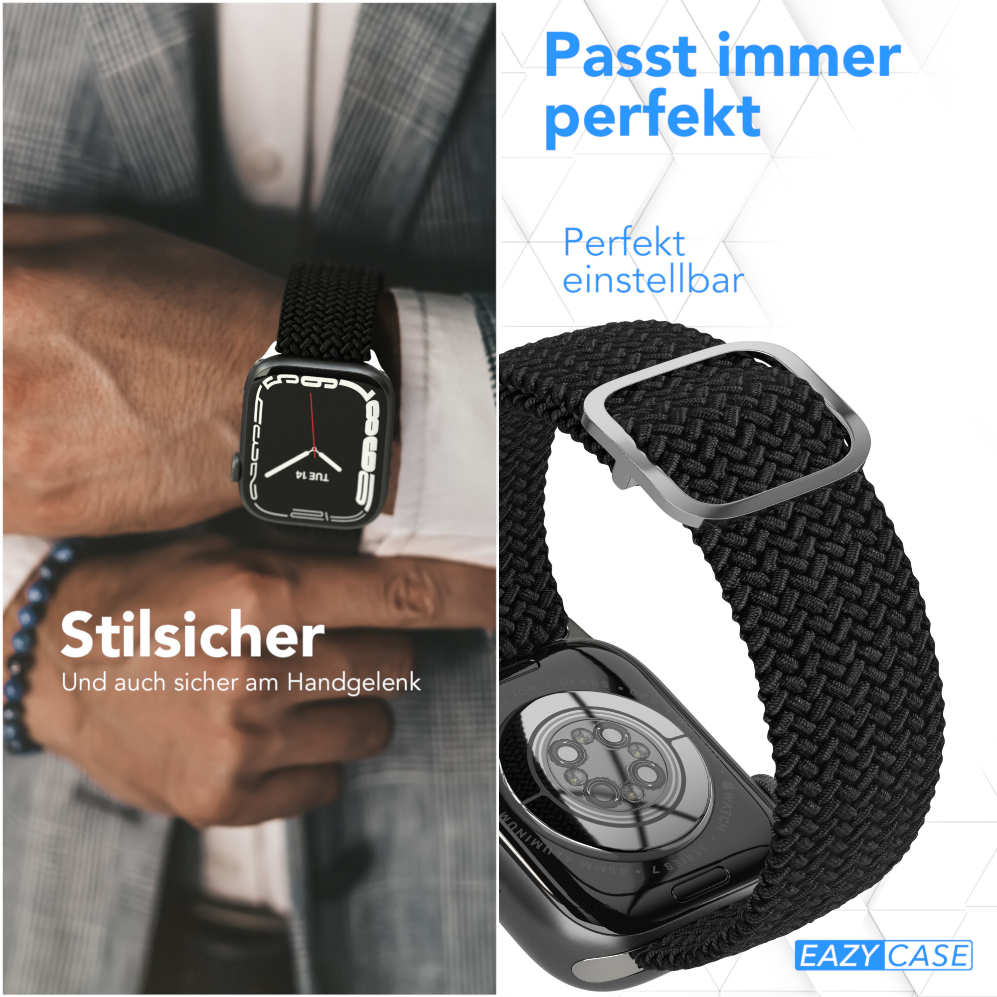 Mann mit schwarzer Uhr und geflochtenem Armband. Text: Stilsicher und Passt immer perfekt.