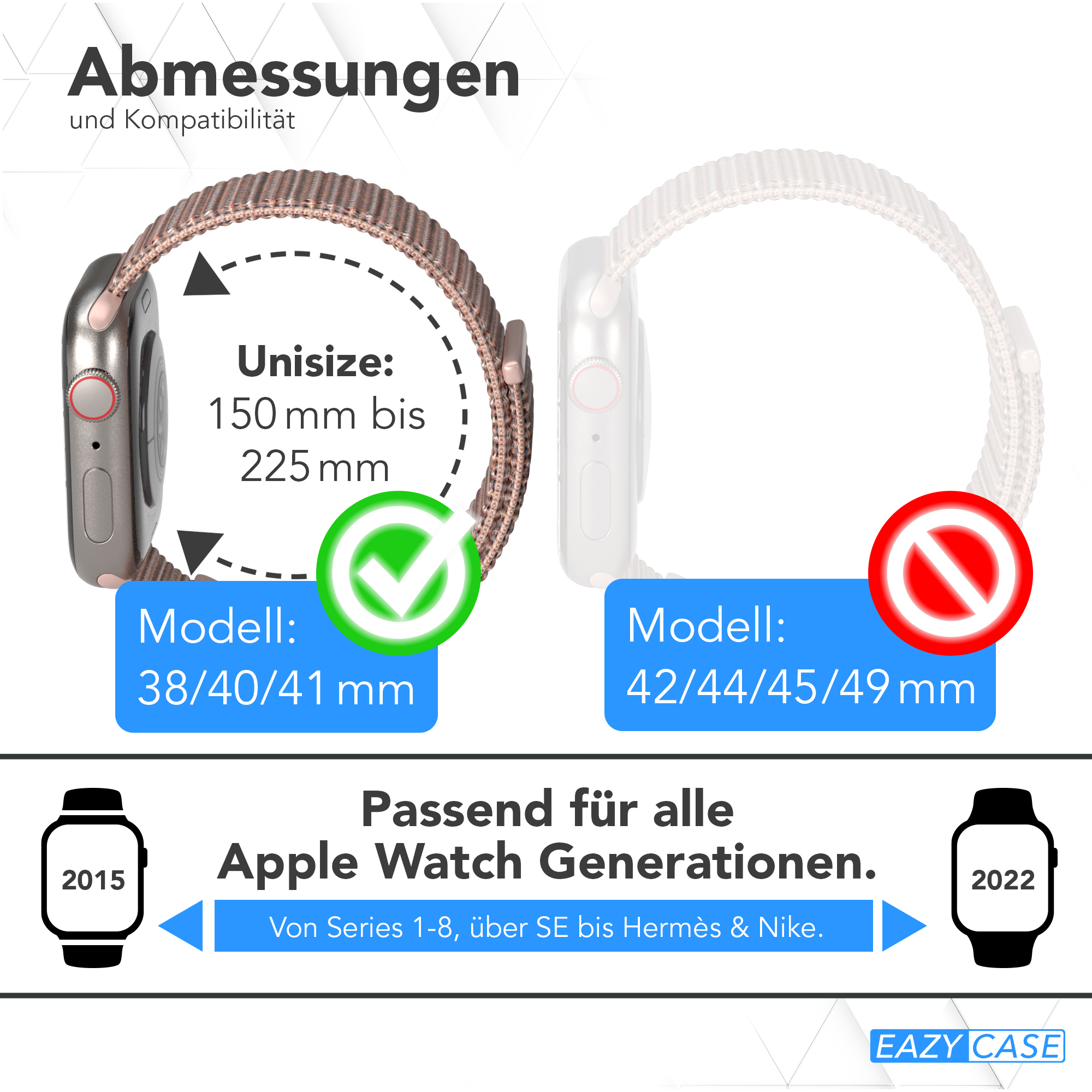 Bild zeigt zwei Apple Watches mit Kompatibilitätsdetails. Text beinhaltet Größen und Generationen.