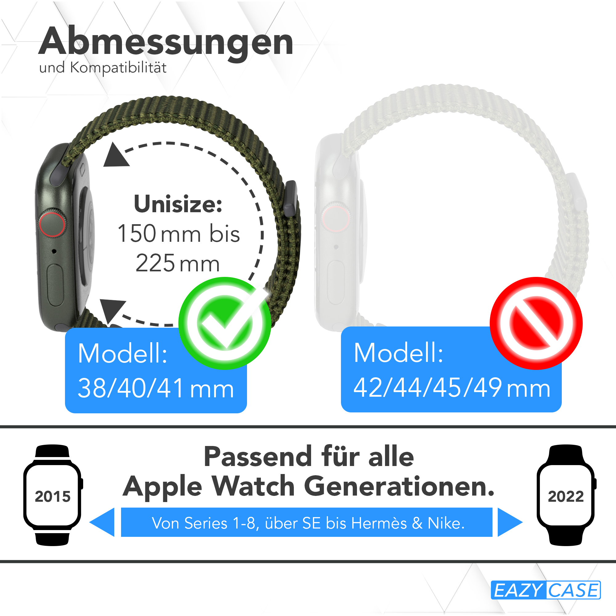 Apple Watch Armbänder. Ein Band passt für 38/40/41mm, andere für 42/44/45/49mm. Text 'Unisize'.