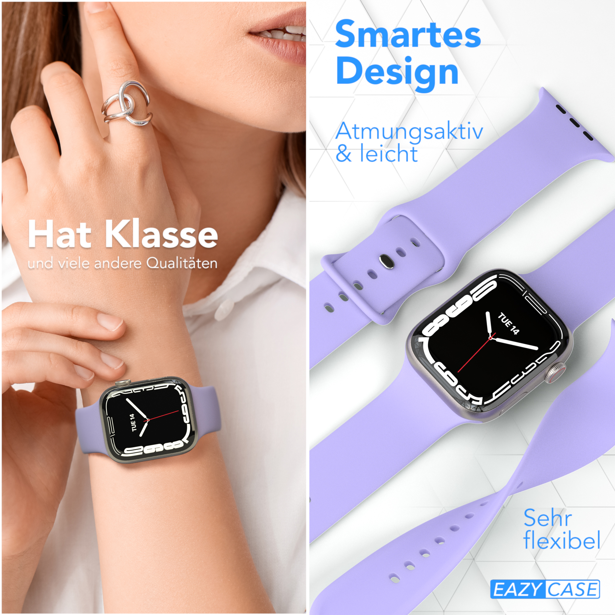 Frau trägt Uhr mit lila Armband. Eine andere Uhr und Band sind rechts gezeigt.