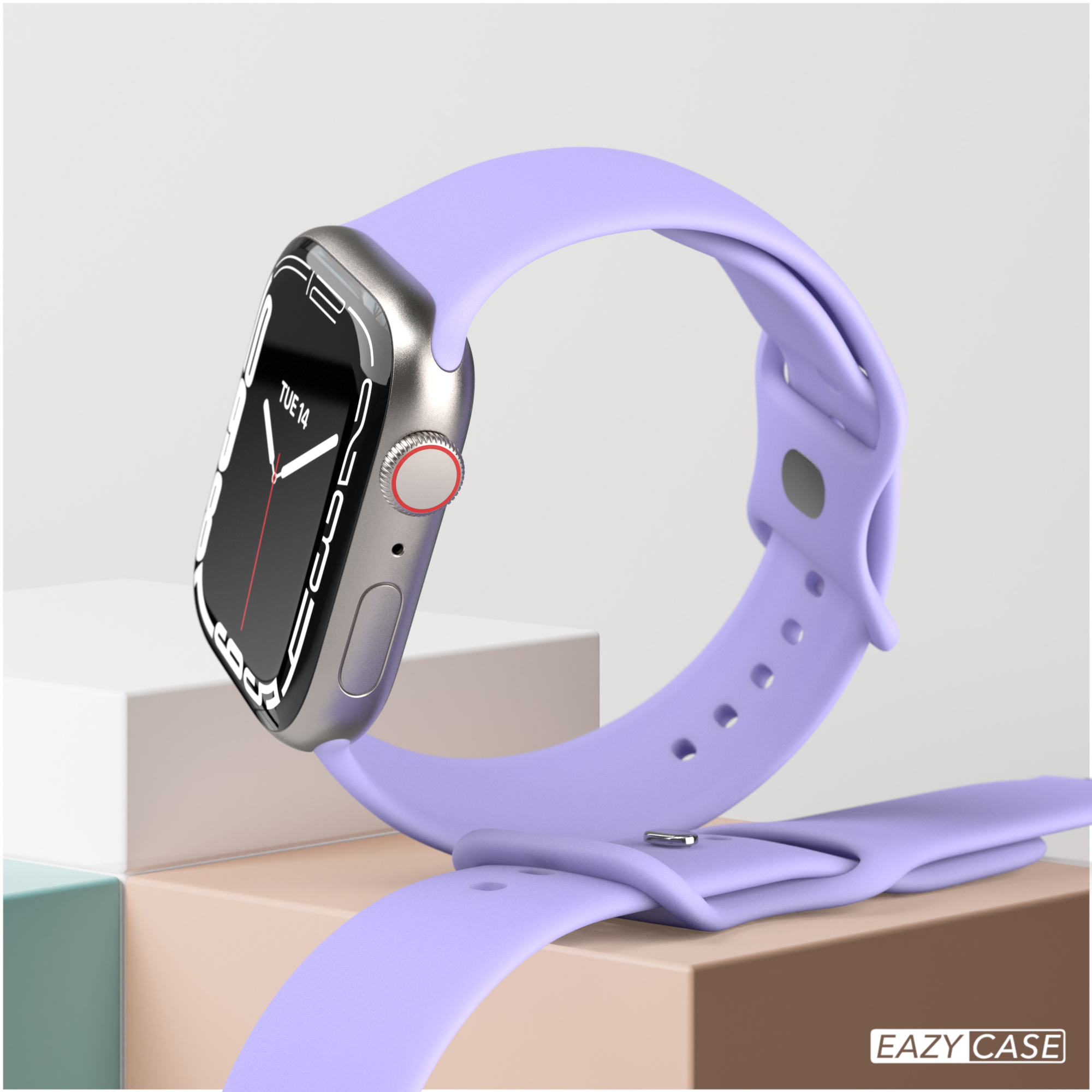 Eine Smartwatch mit lila Armband, die auf einem Ständer liegt. Die Uhr zeigt das Datum.