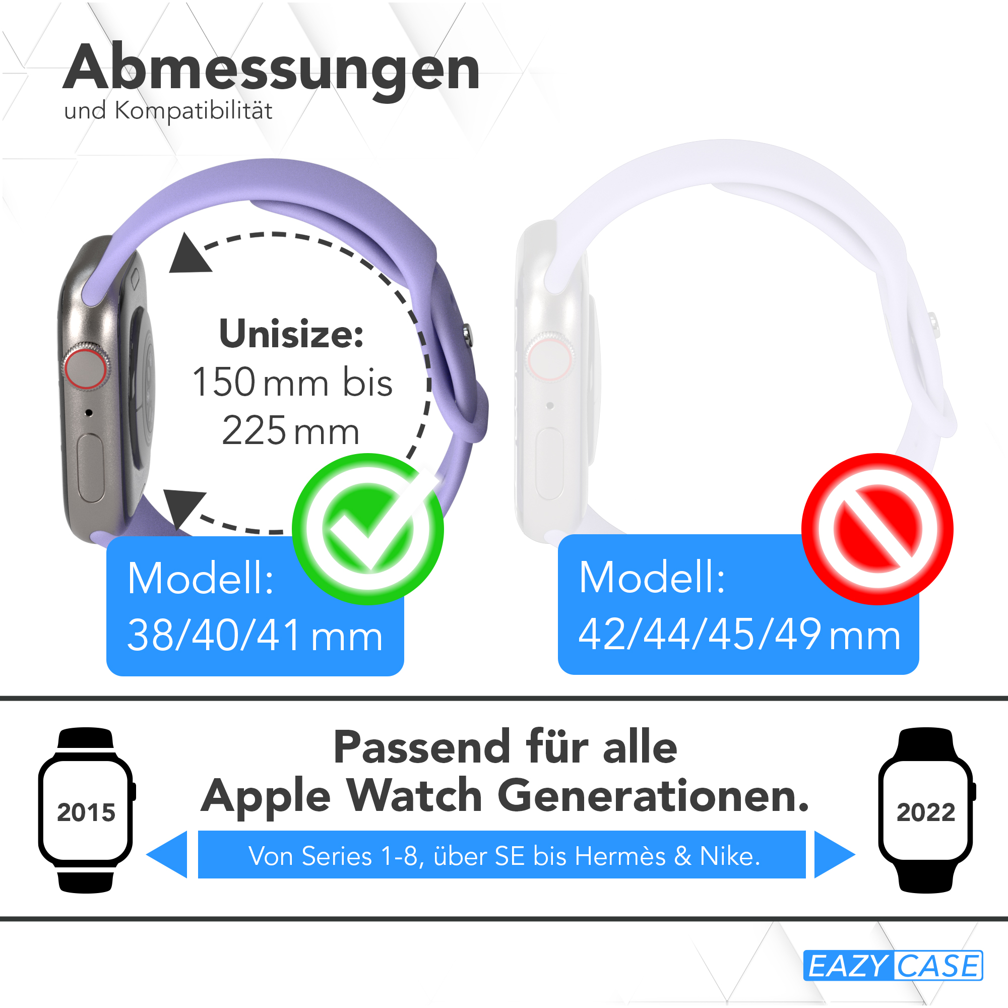 Zwei Apple Watches mit verschiedenen Armbändern, die Größenkompatibilität zeigen.