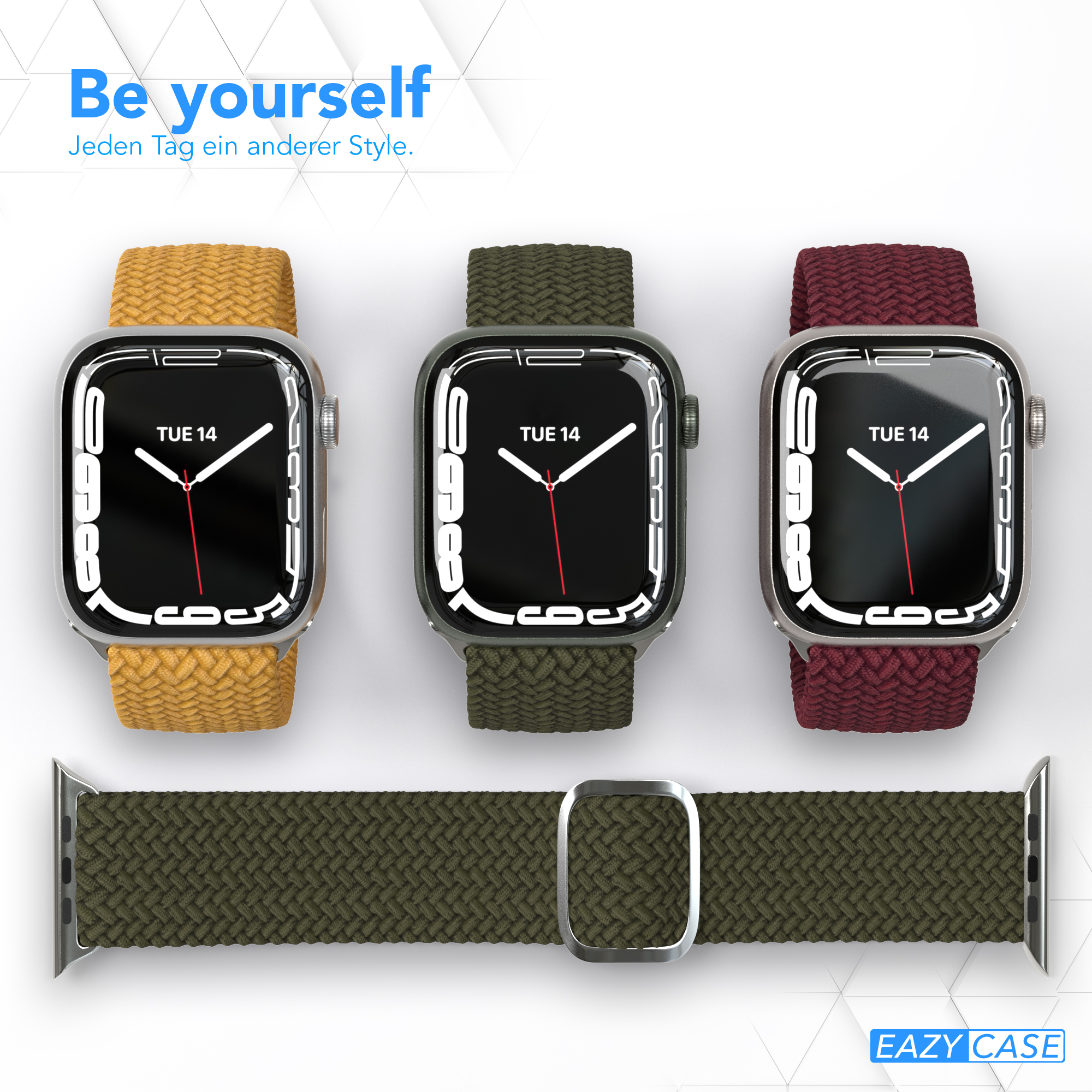 Drei Smartwatches mit verschiedenfarbigen Armbändern und ein zusätzliches Armband. Die Uhren zeigen das Datum.
