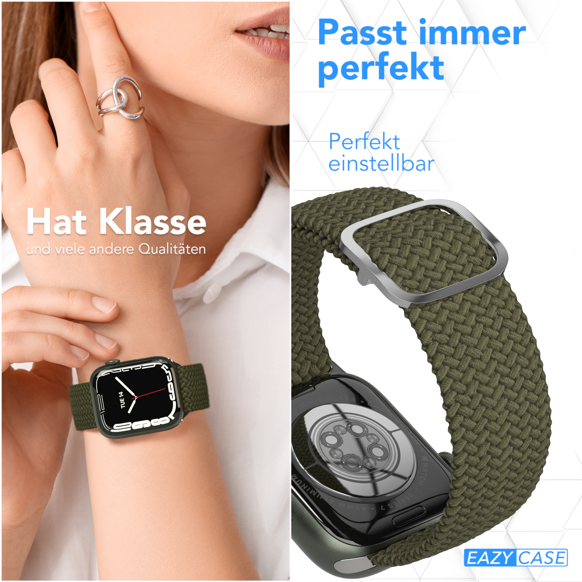 Person trägt eine grüne Uhr mit grünem Armband. Text oben sagt 'Passt perfekt'.