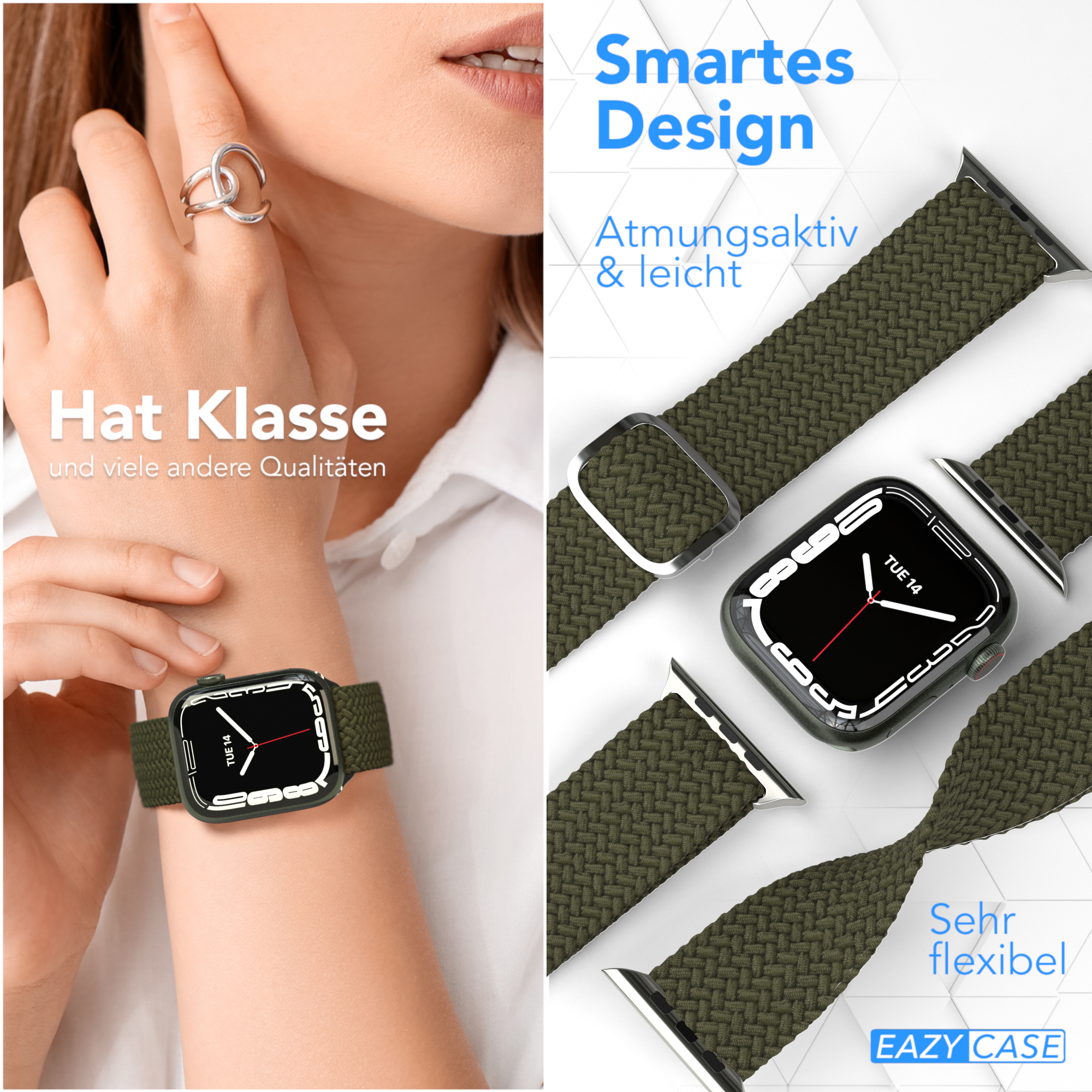 Eine Frau, die ein olivgrünes Armband trägt. Die Uhr und das Armband werden gezeigt und präsentieren den Stil.