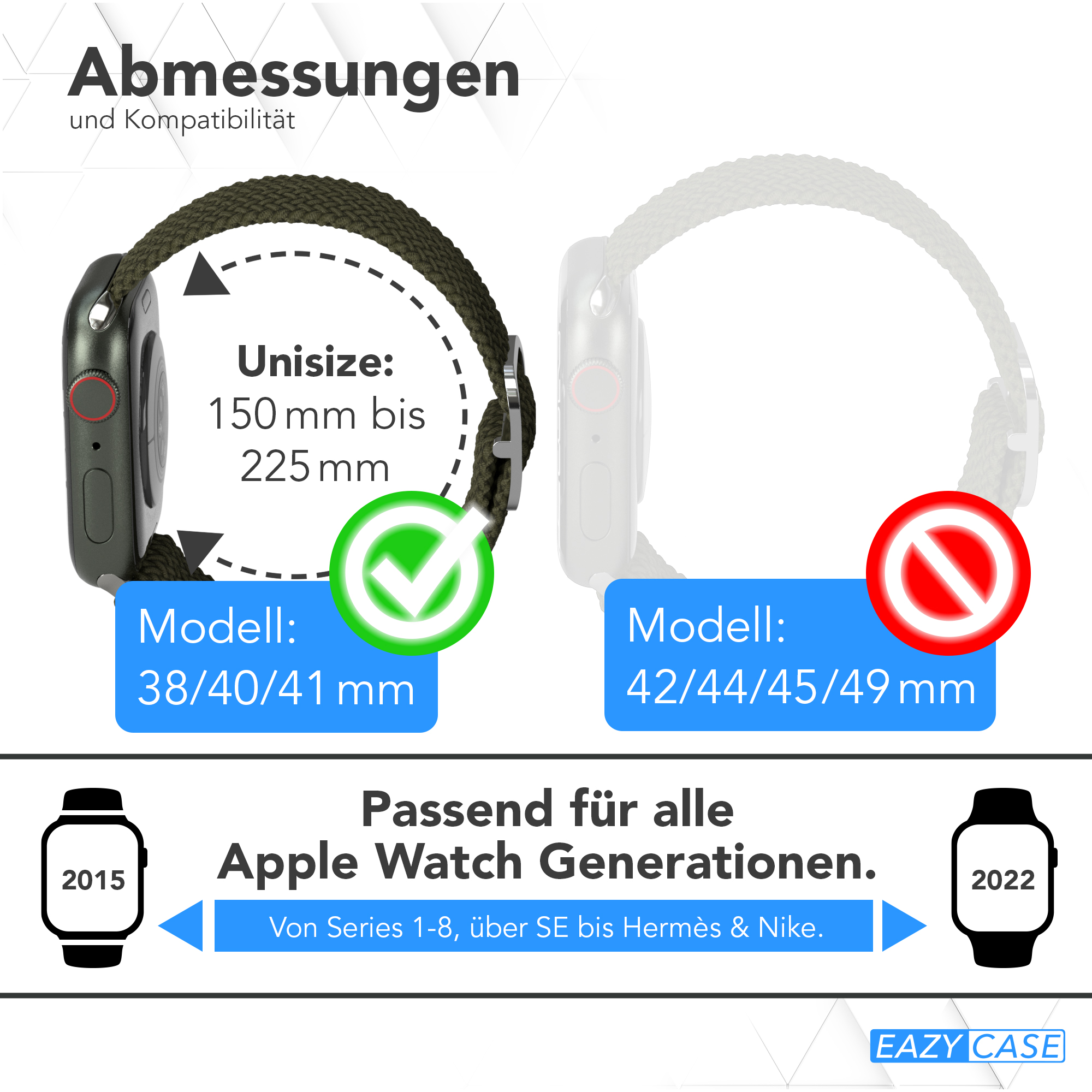 Apple Watch Armbänder mit Text, der Modelle und Größen zeigt. Grüne Häkchen und rote Verbotszeichen sind vorhanden.
