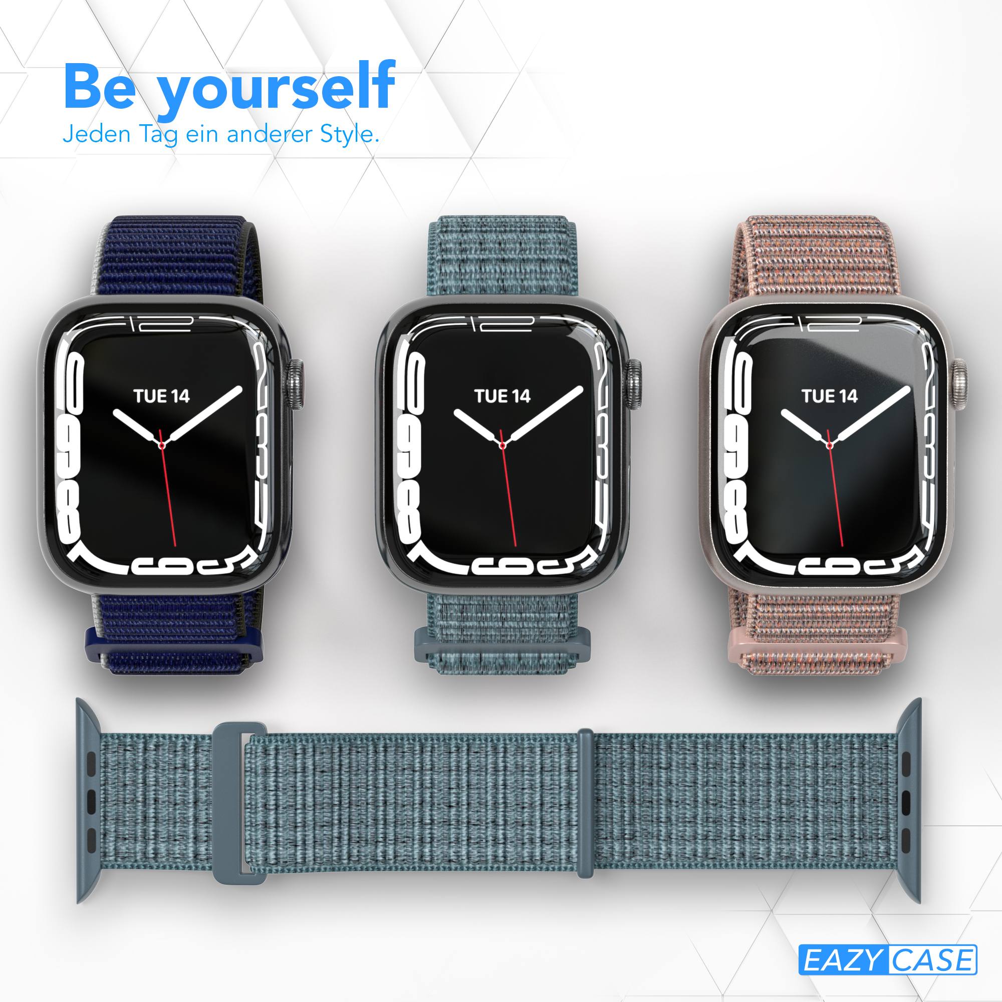 Drei Smartwatches mit verschiedenen Armbändern. Text: Sei du selbst. Eazy Case Logo.