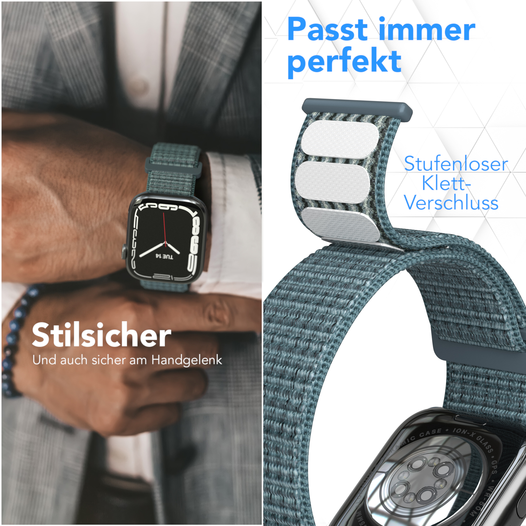 Mann trägt Smartwatch mit grauem Armband. Text rechts zeigt Merkmale des Armbands.
