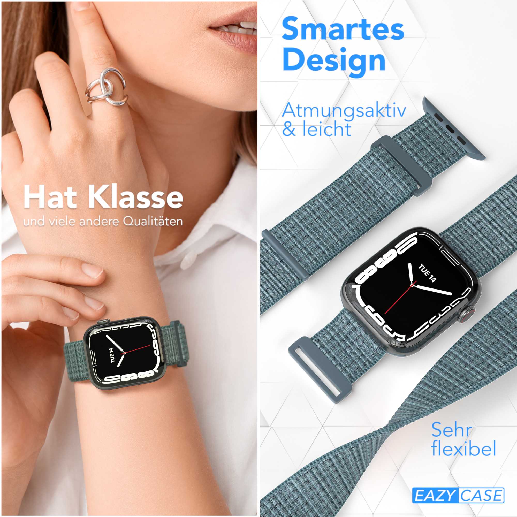 Eine Person, die eine Smartwatch am Handgelenk trägt. Ein Uhrenarmband wird ebenfalls gezeigt.