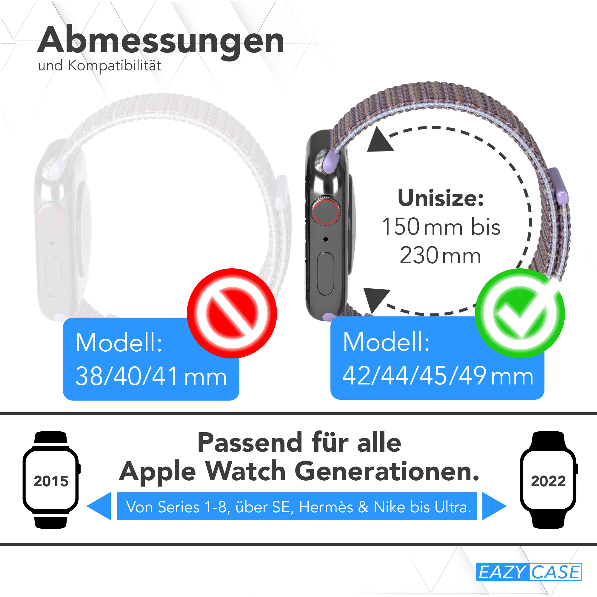 Vergleich der Apple Watch Größen. Eine ist als nicht kompatibel, die andere als kompatibel gekennzeichnet.