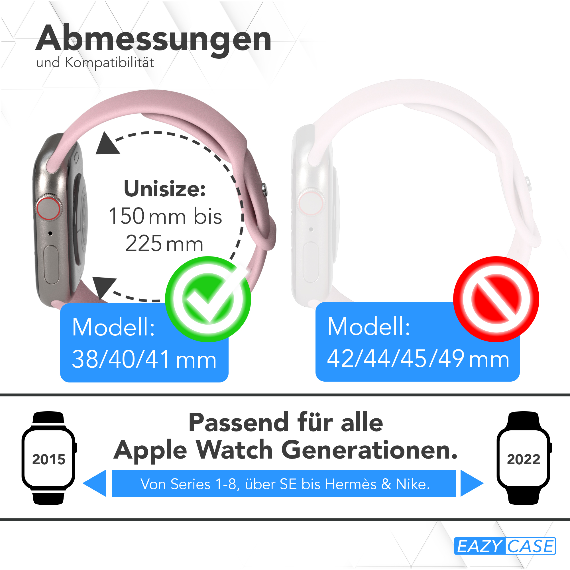 Zwei Apple Watches, eine mit rosa Armband, eine mit weißem Armband, Text zur Kompatibilität.