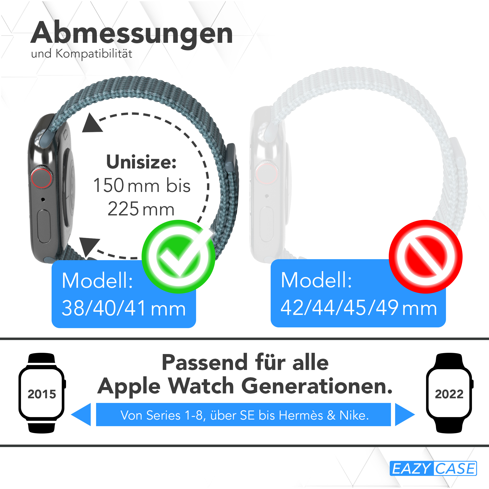 Eine Apple Watch mit zwei verschiedenen Armbändern, eines ist kompatibel, eines nicht.