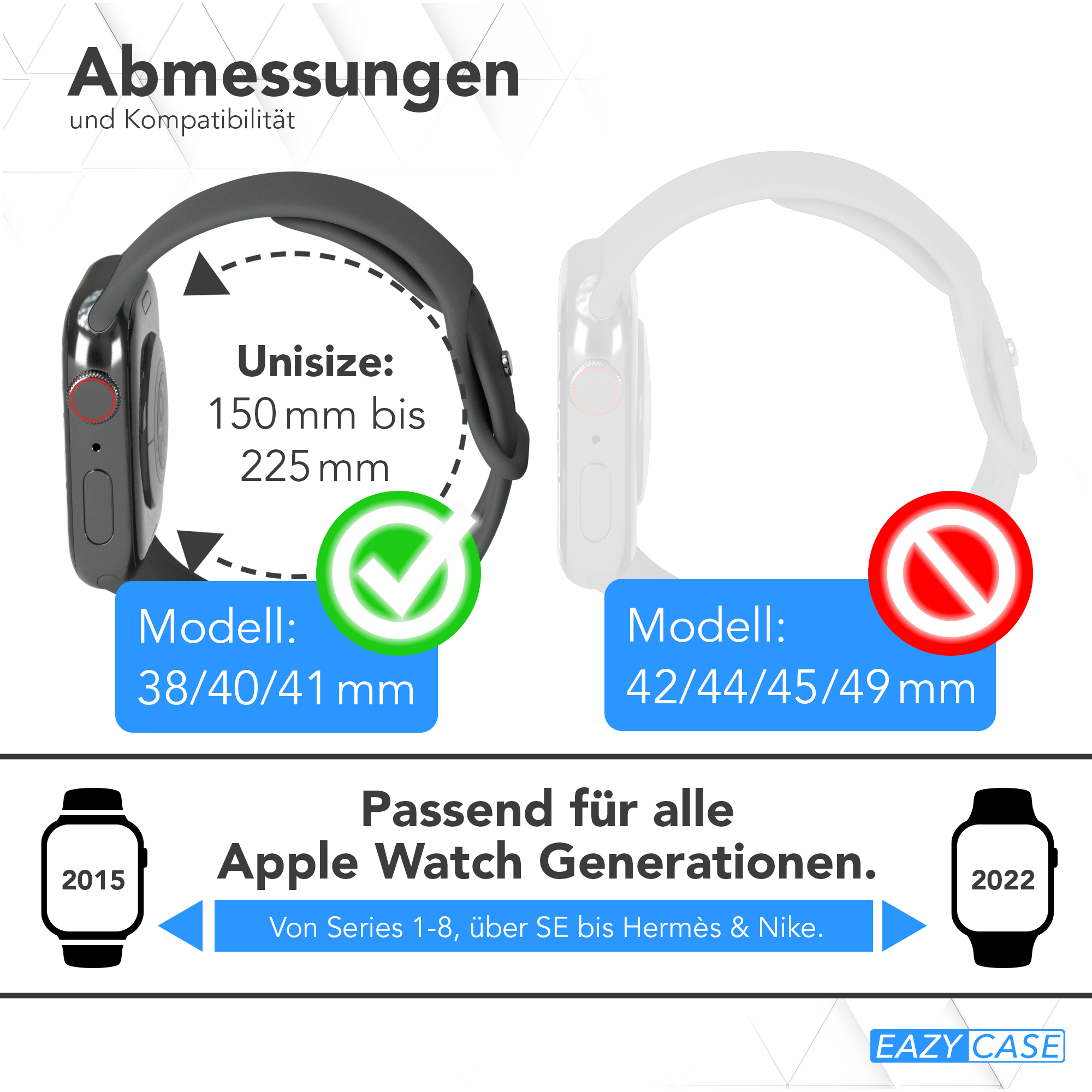Vergleich von zwei Apple Watches. Eine ist nicht kompatibel, die andere ist kompatibel. Zeigt Abmessungen.