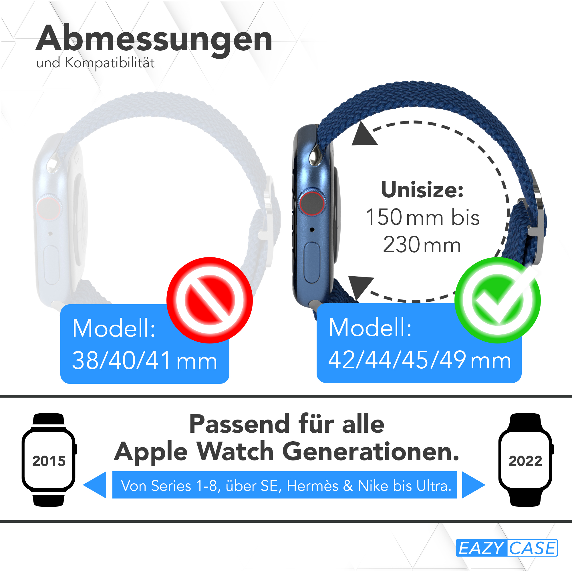 Zwei Smartwatches mit unterschiedlich großen Armbändern. Der Text beschreibt die Größen.