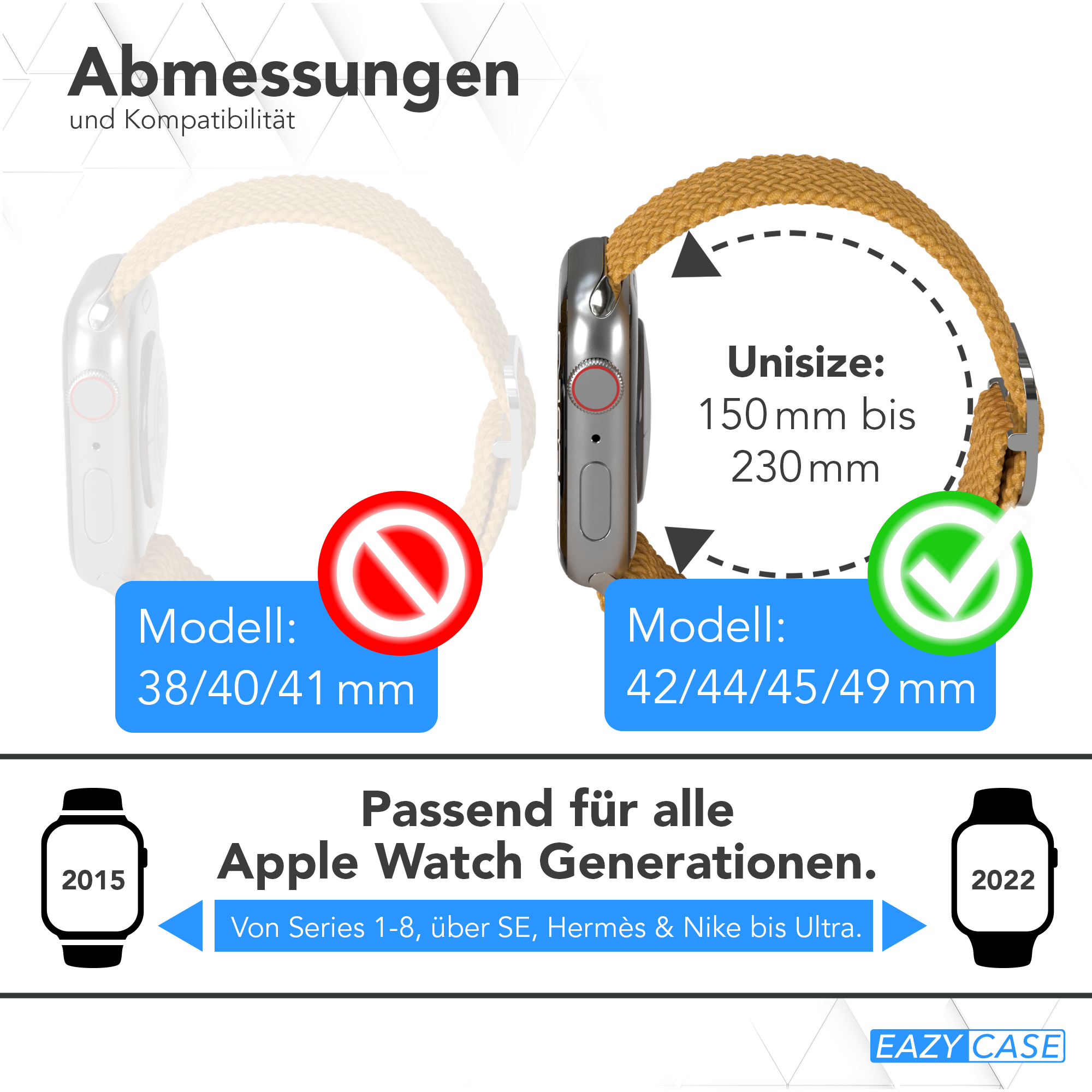 Das Bild zeigt zwei Apple Watches mit Armbändern und Text zu Größen und Kompatibilität für verschiedene Uhrengenerationen.
