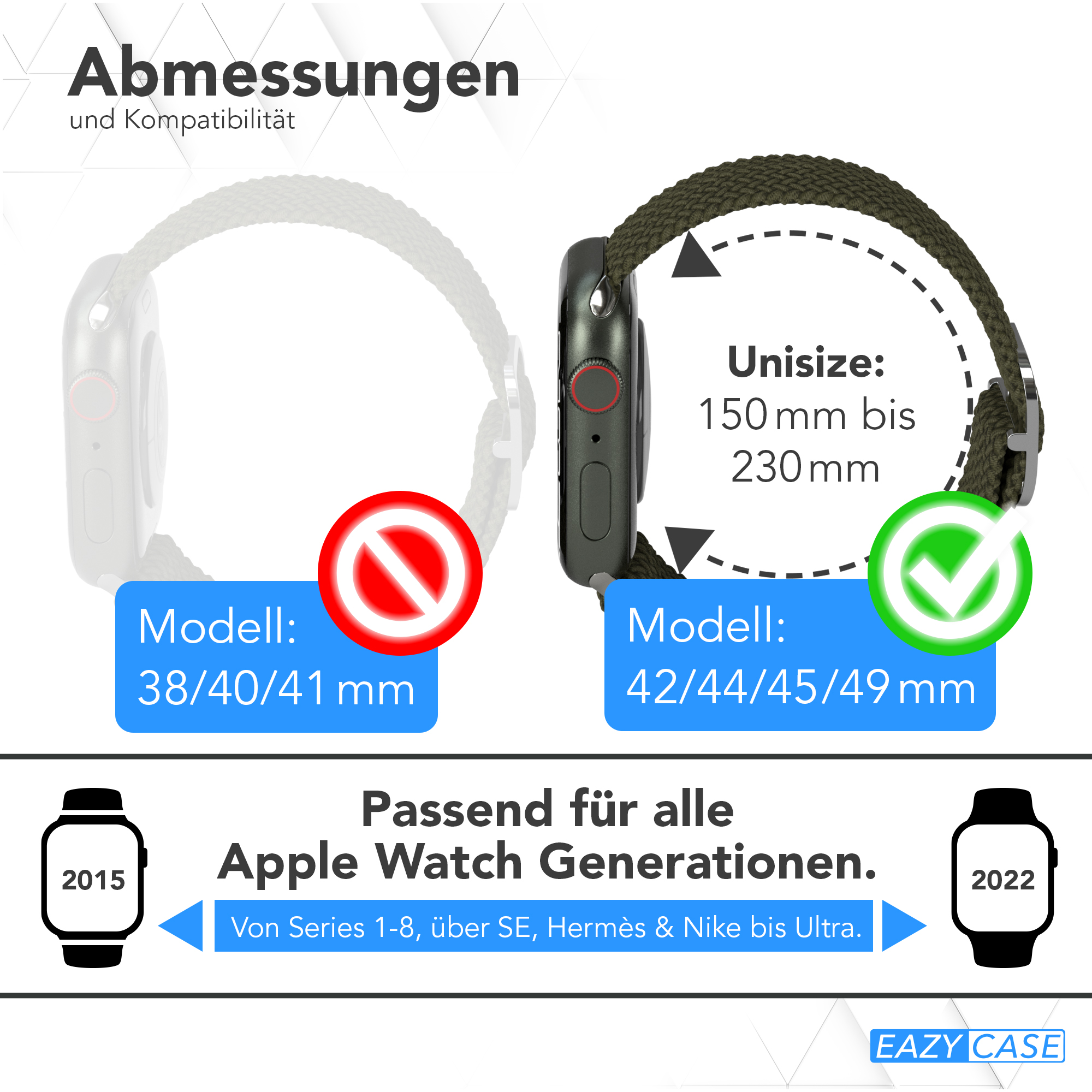 Eine Apple Watch mit olivgrünem Armband. Infografiken zeigen Kompatibilität und Größen.