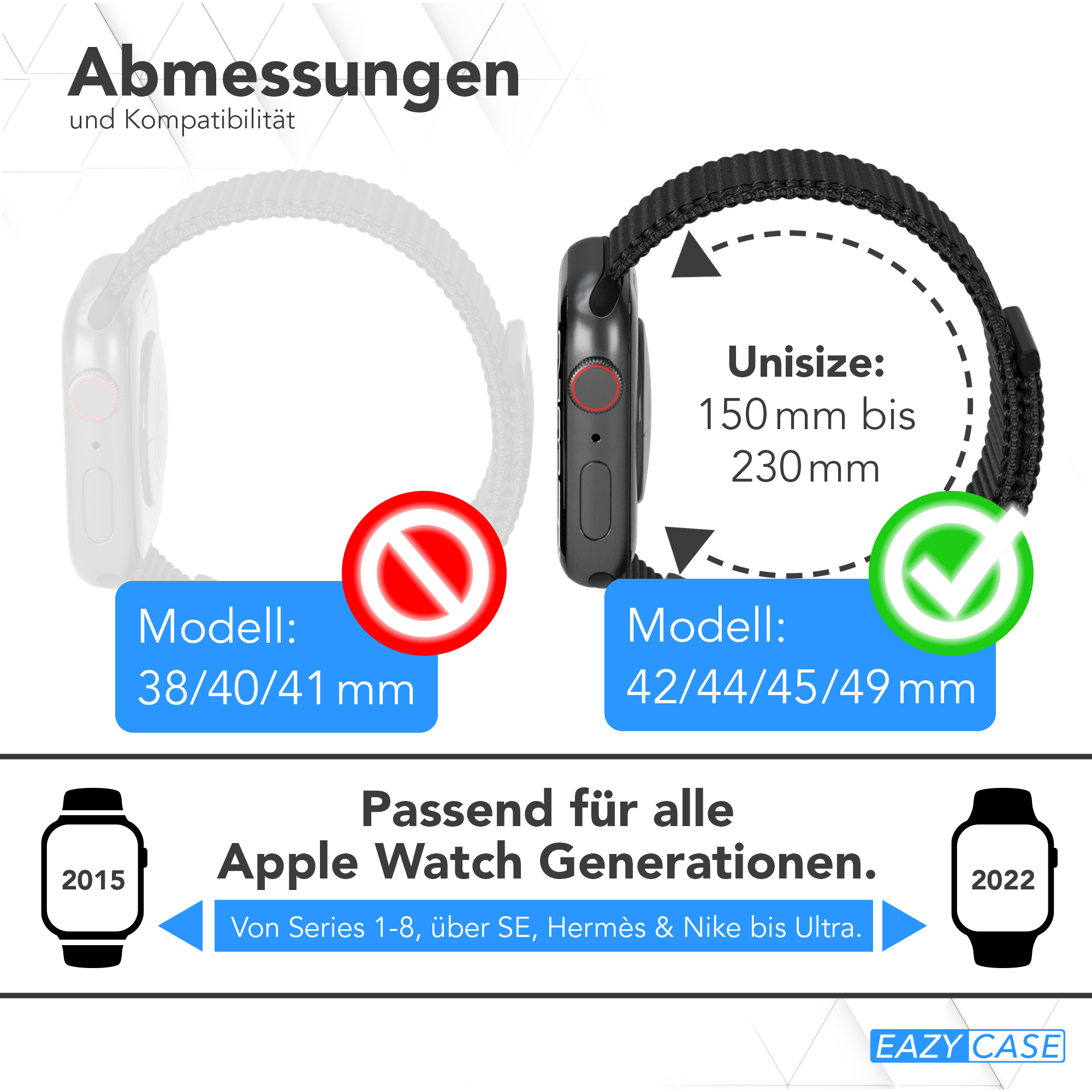 Apple Watch mit Bändern. Zeigt Größen: 38/40/41mm nicht kompatibel und 42/44/45/49mm kompatibel.