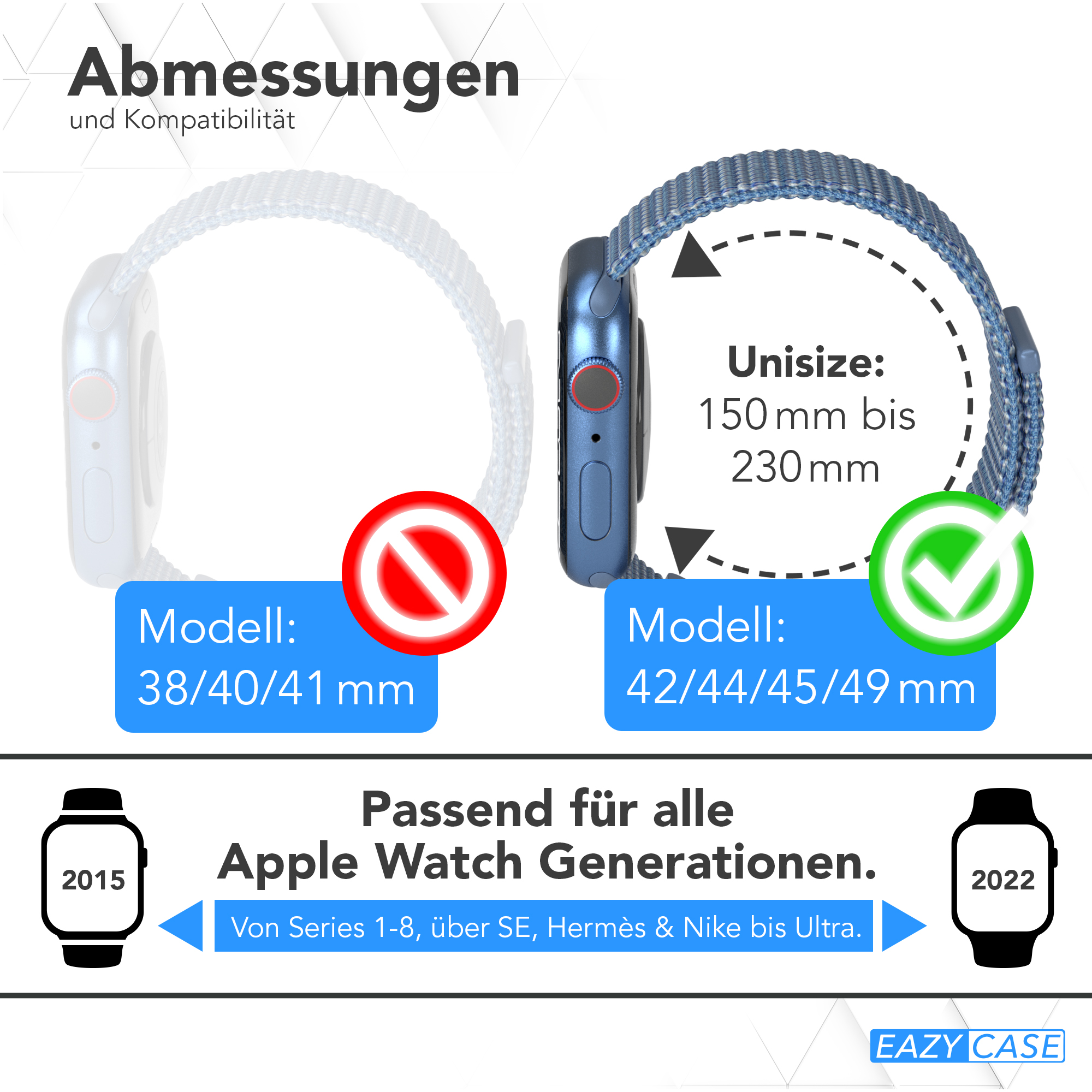 Das Bild zeigt zwei Apple Watches mit verschiedenen Armbändern und Größen, mit Text über Kompatibilität und Größen.