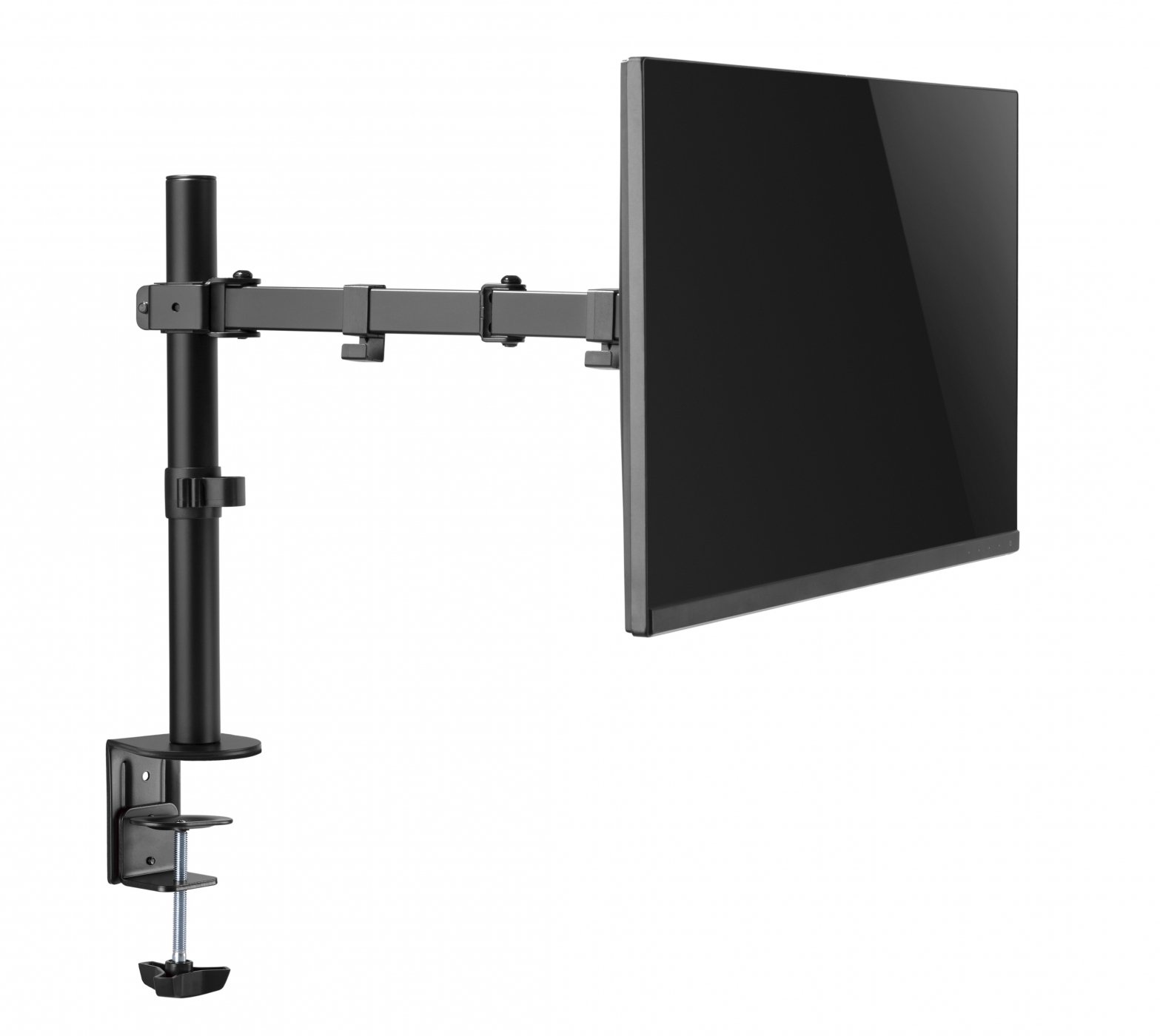 Eine schwarze Monitorhalterung mit einem schwarzen Monitor. Es hat eine Klemme, einen Arm und einen Bildschirm.