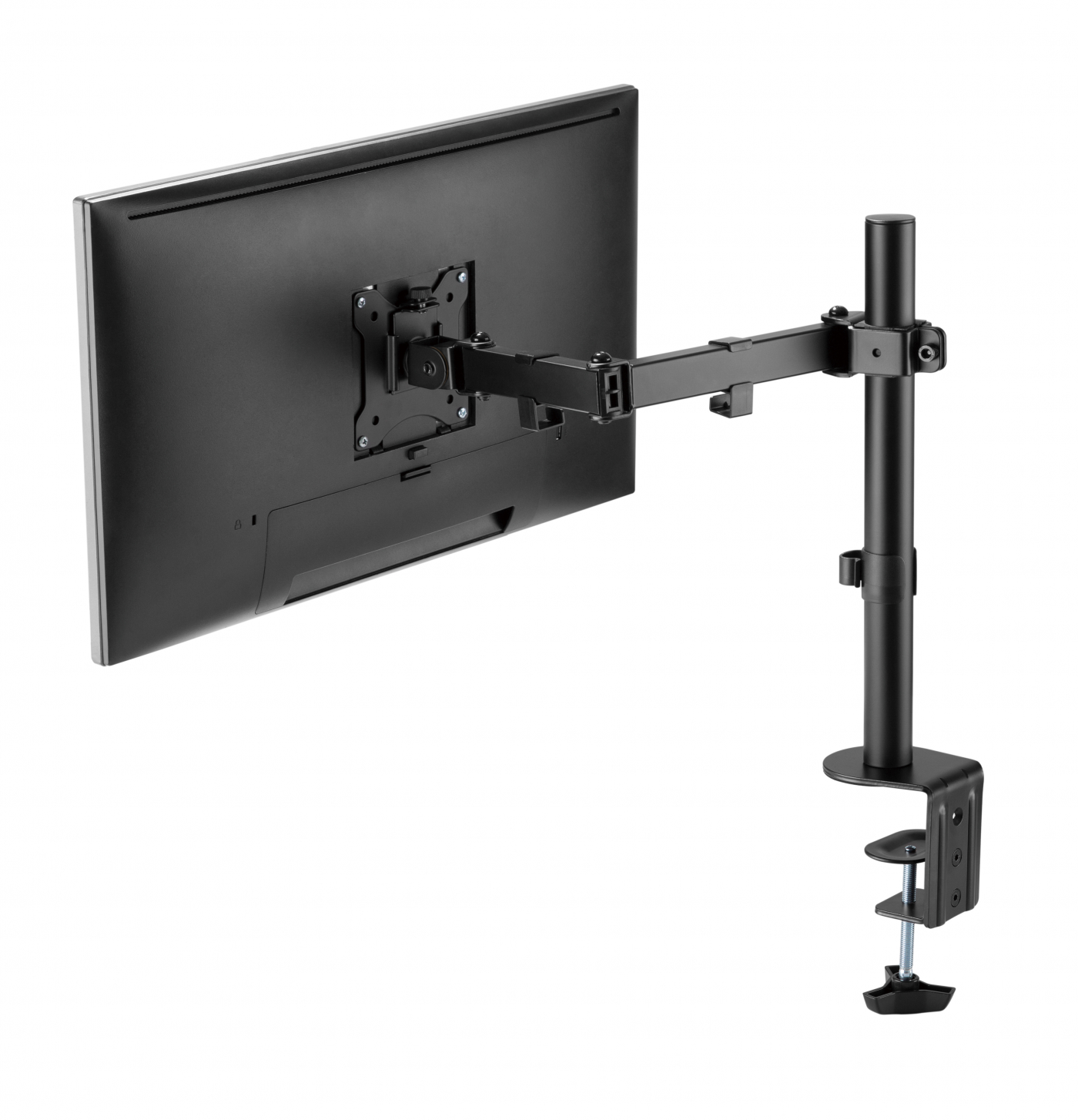 Monitorarm für den Schreibtisch mit angebrachtem schwarzen Monitor, auf weißem Hintergrund.