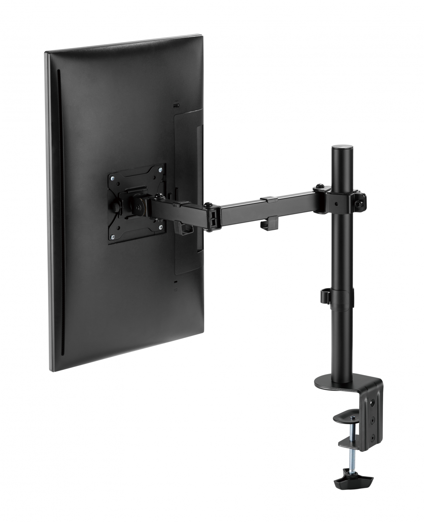 Schwarzer Monitorarm mit angebrachtem Monitor. Der Arm befindet sich auf weißem Hintergrund.
