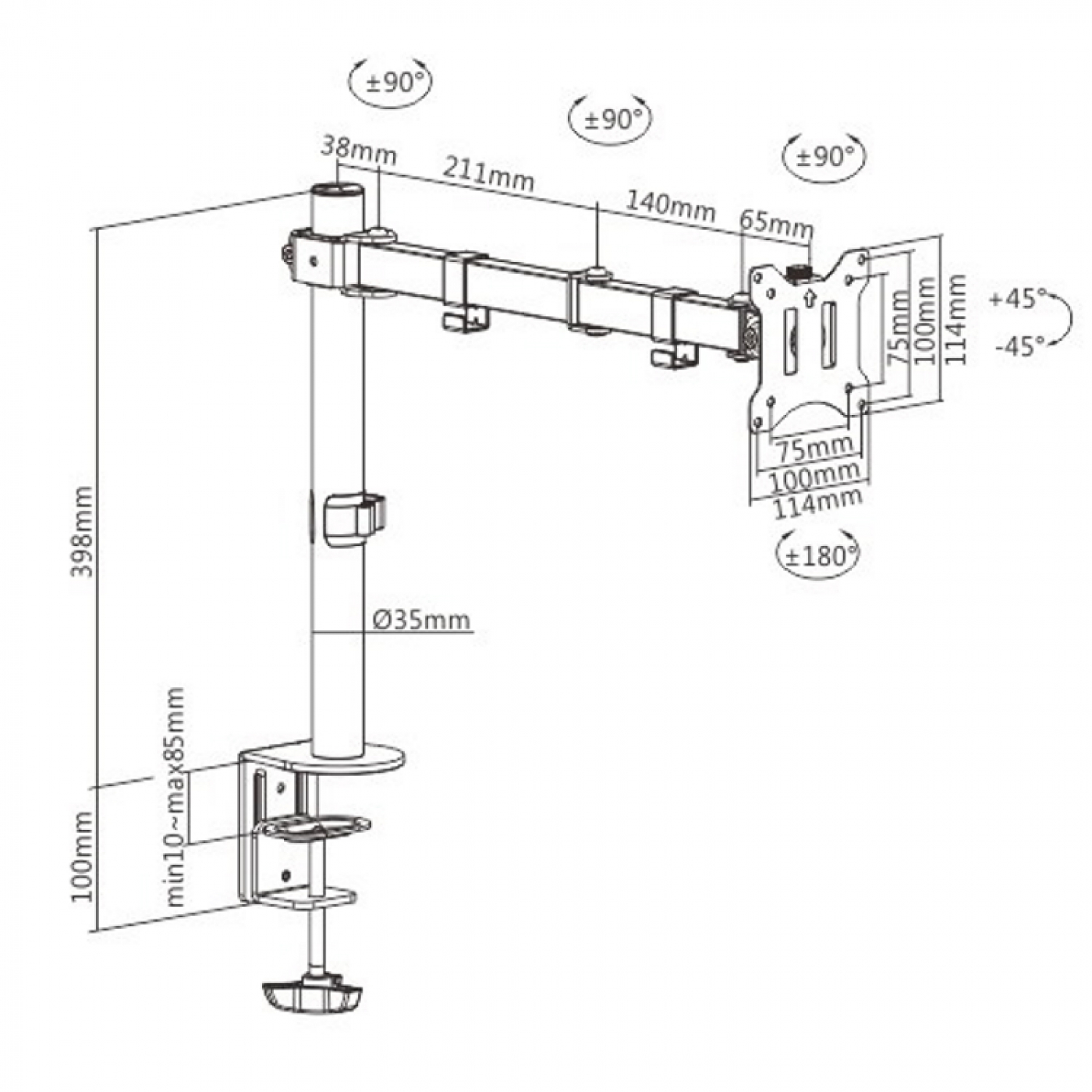 Diagramm eines Monitorarms mit Abmessungen in mm.