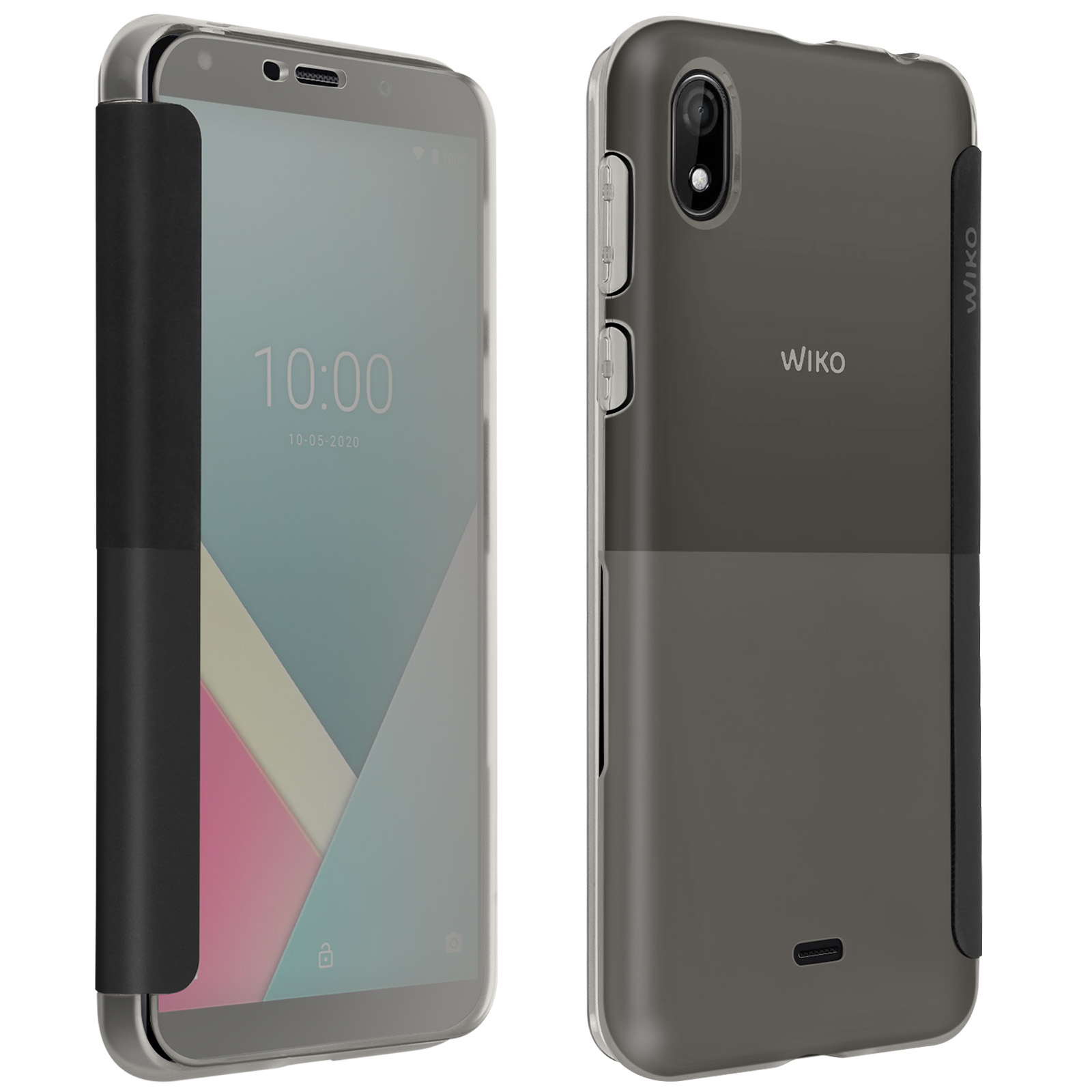 Un telefono Wiko in una custodia trasparente che mostra lo schermo del telefono. La custodia ha una barra nera sul lato sinistro.