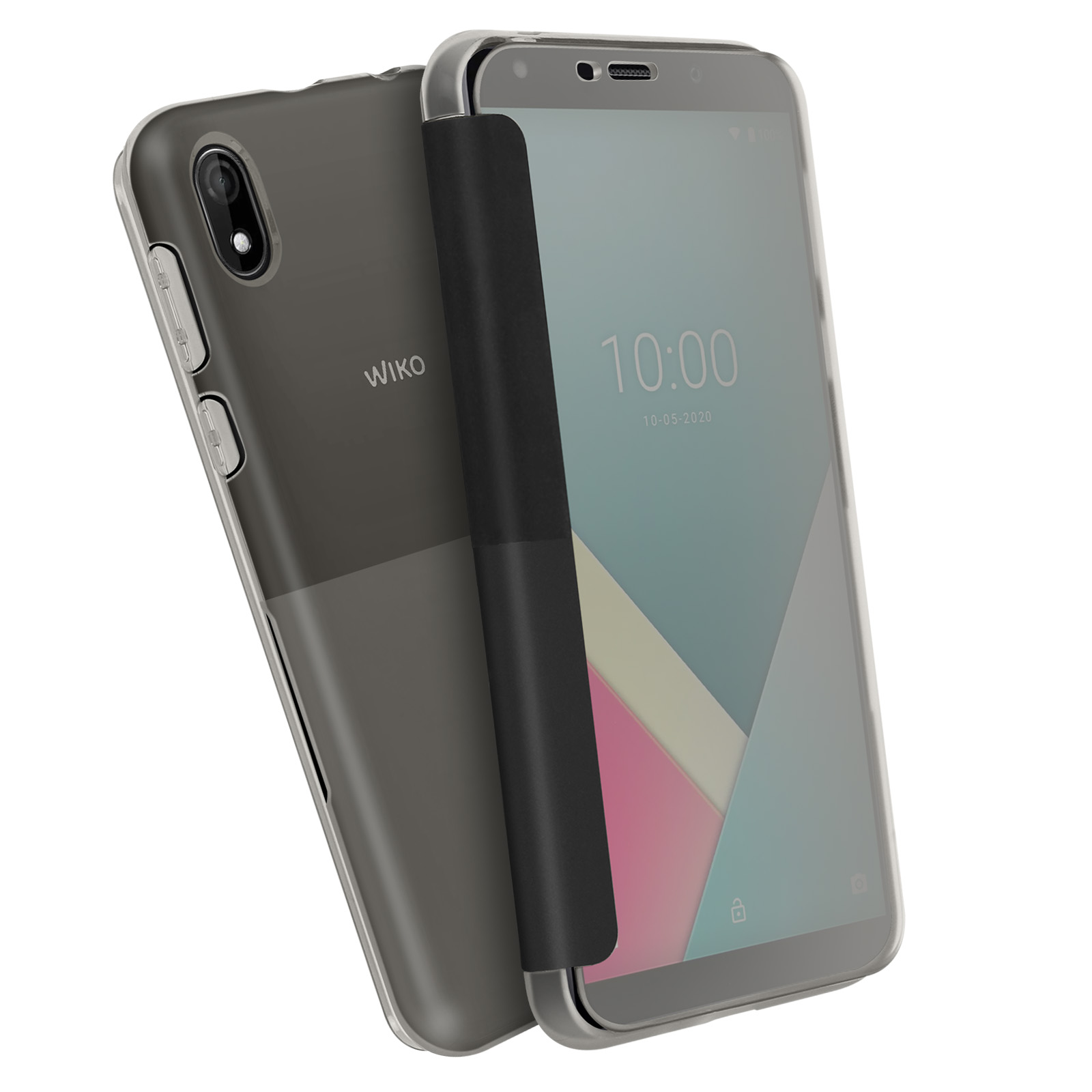 Due telefoni, una custodia trasparente, uno con uno schermo che mostra un design geometrico colorato.